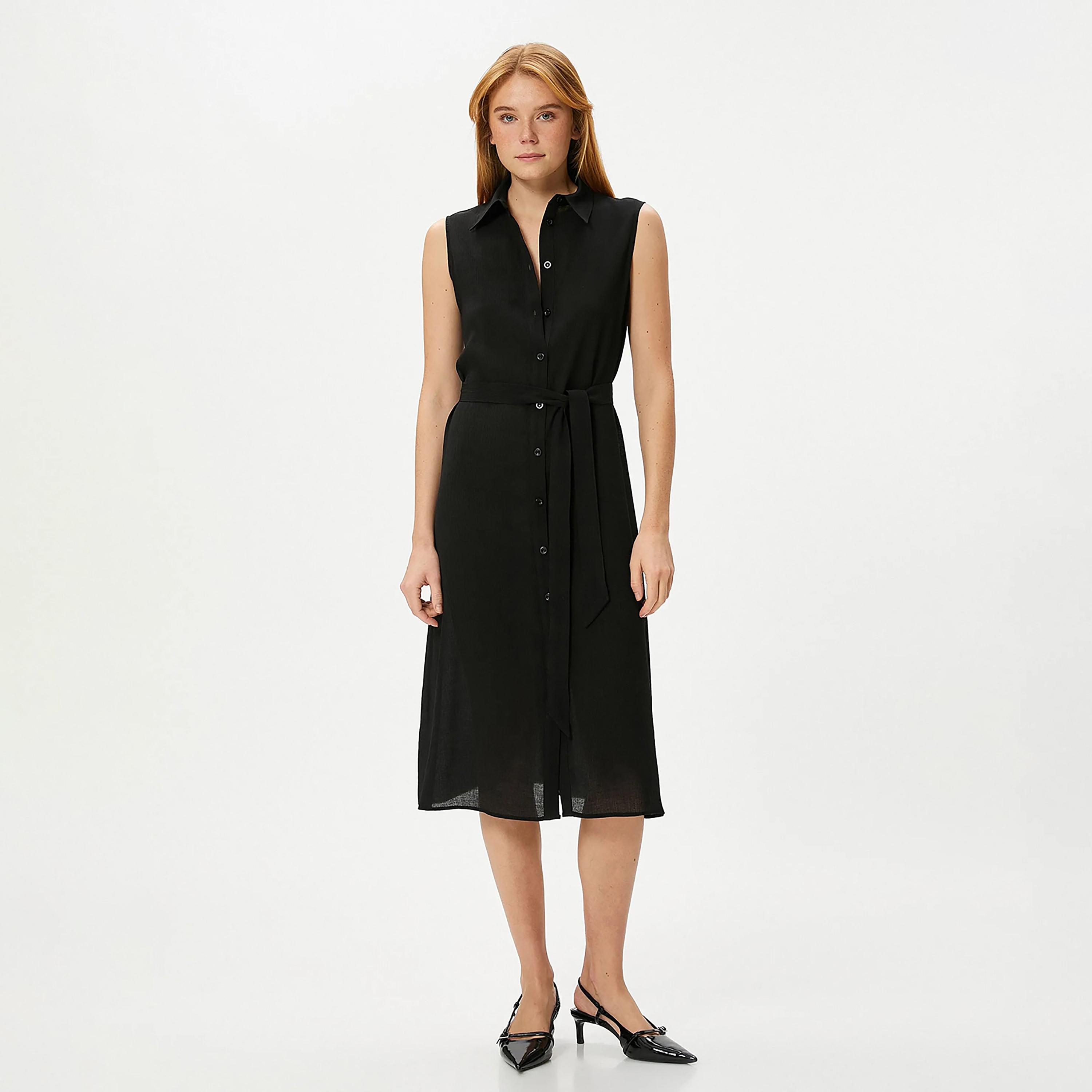 KOTON Black Plain Collared Women's Midi Shirt Dress-women-clothing-dresses-image-2