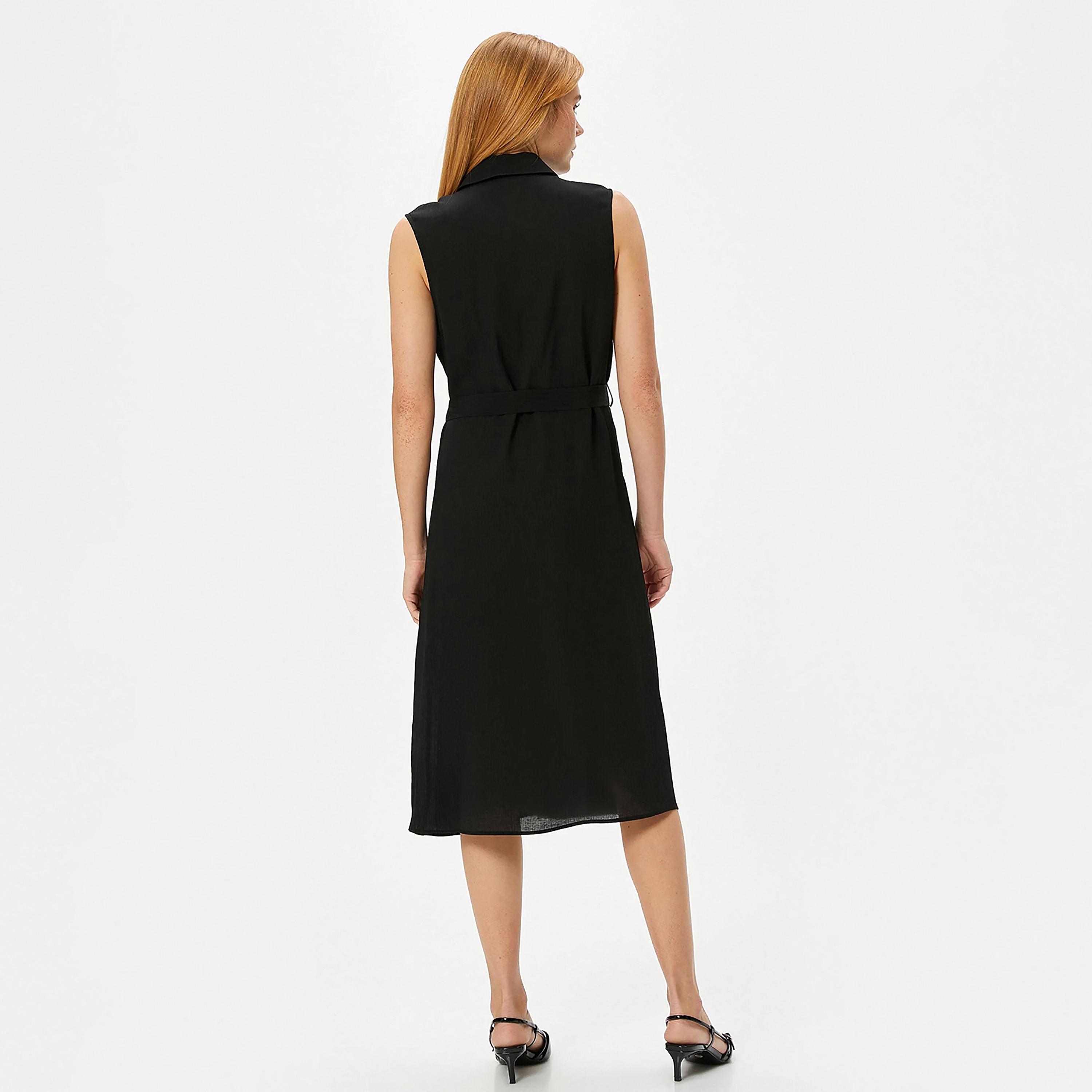 KOTON Black Plain Collared Women's Midi Shirt Dress-women-clothing-dresses-image-3