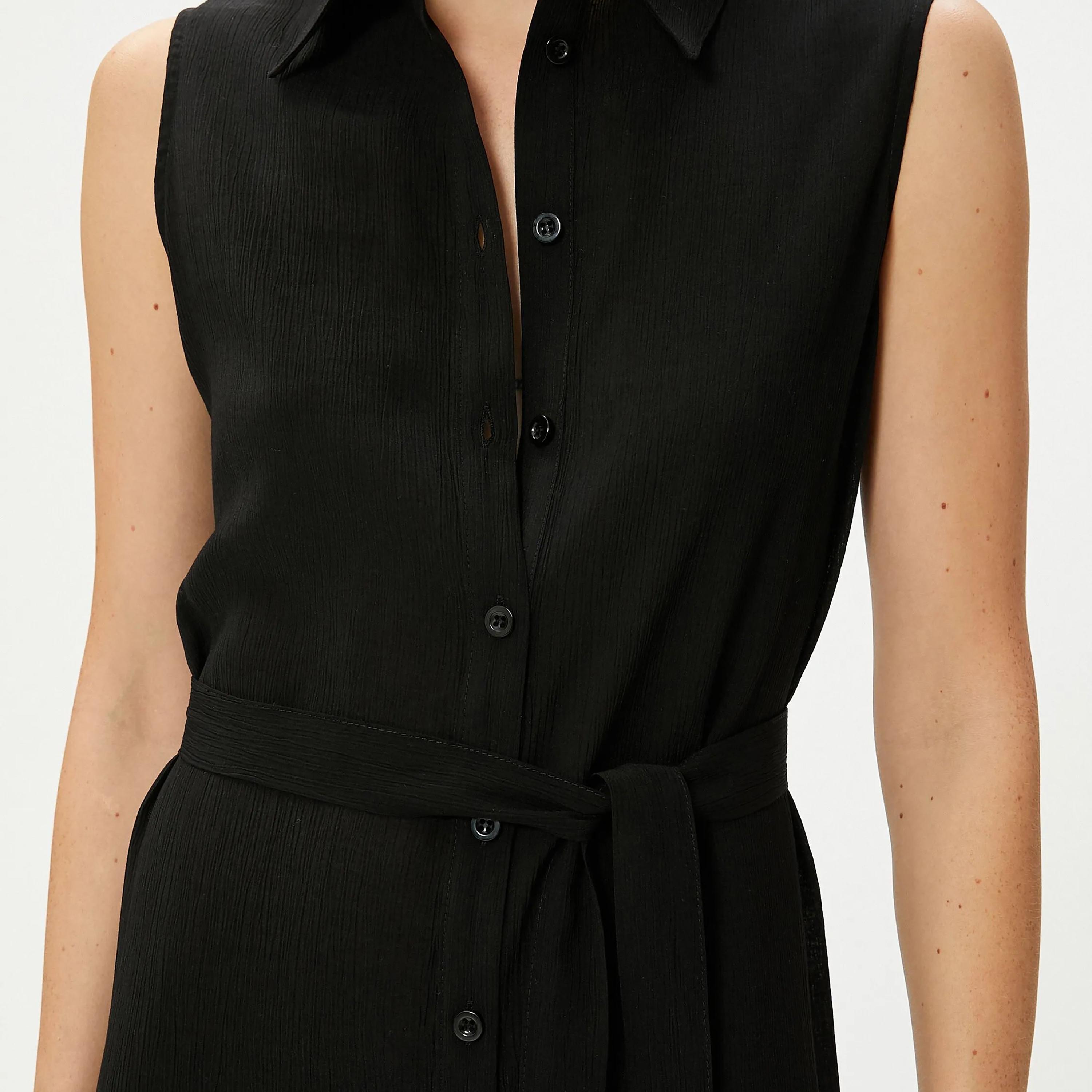 KOTON Black Plain Collared Women's Midi Shirt Dress-women-clothing-dresses-image-4