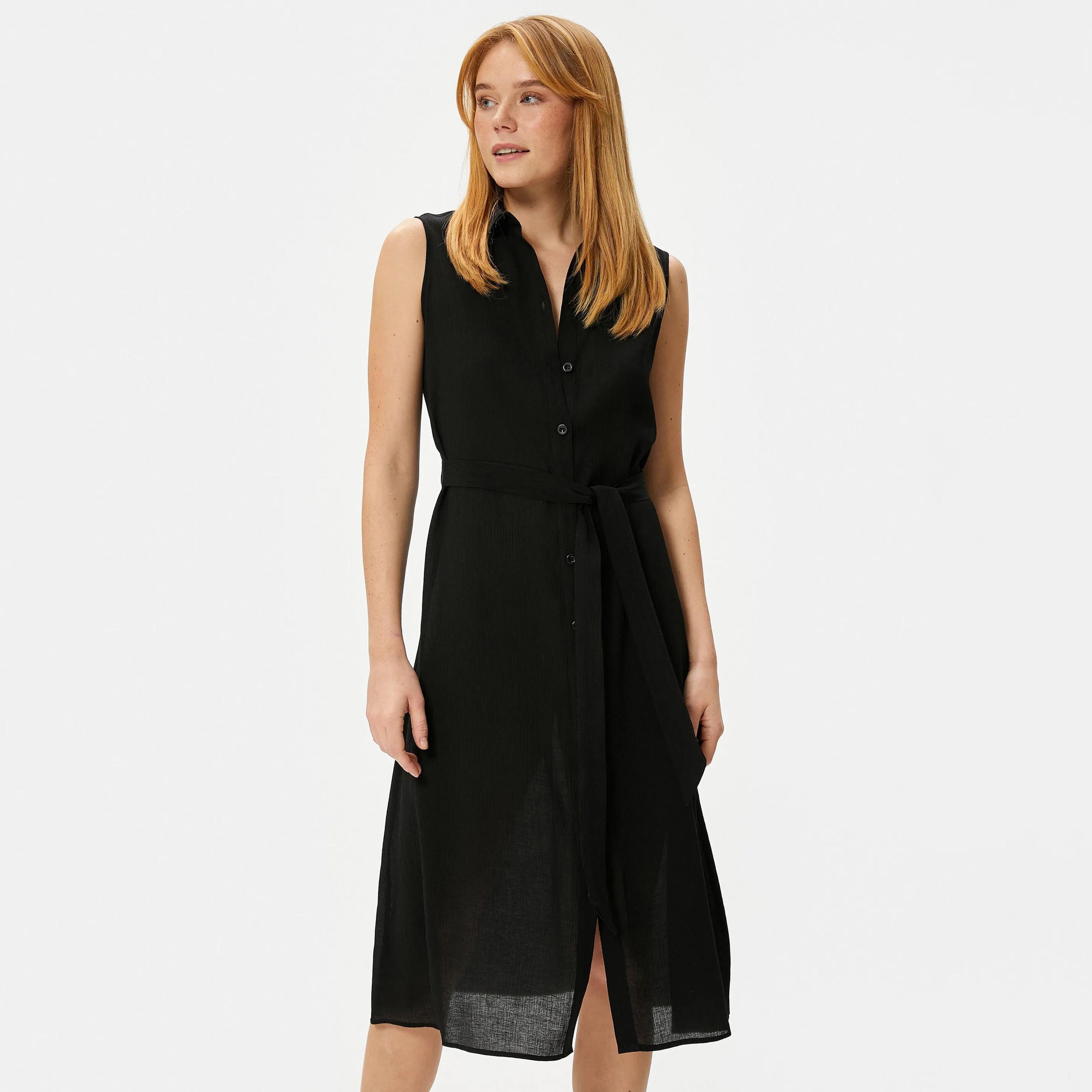 KOTON Black Plain Collared Women's Midi Shirt Dress-women-clothing-dresses-image-5
