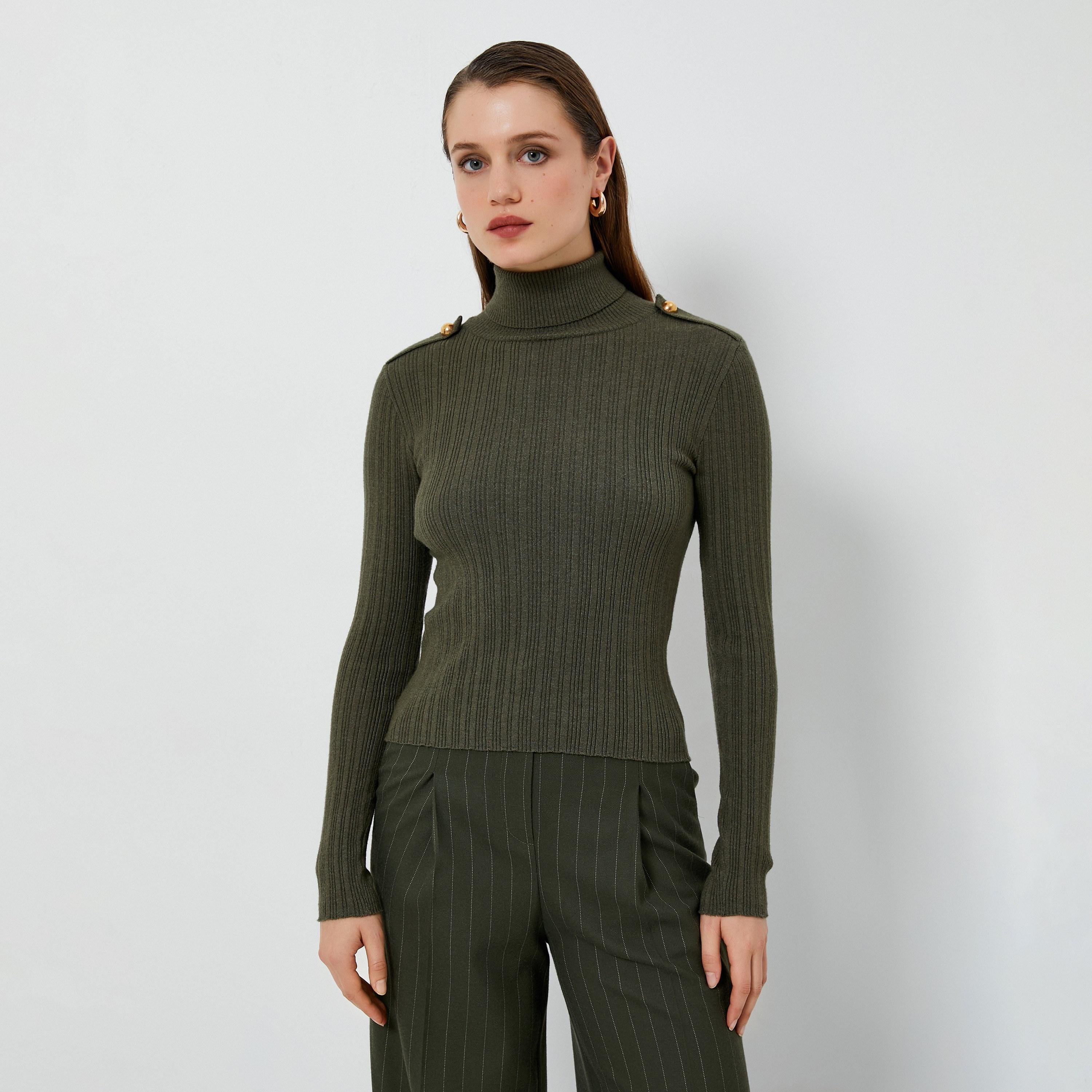 KOTON Green Ribbed Knit Turtle Neck Women's Sweater-women-winterwear-cardigansandjumpers-jumpers-image-1