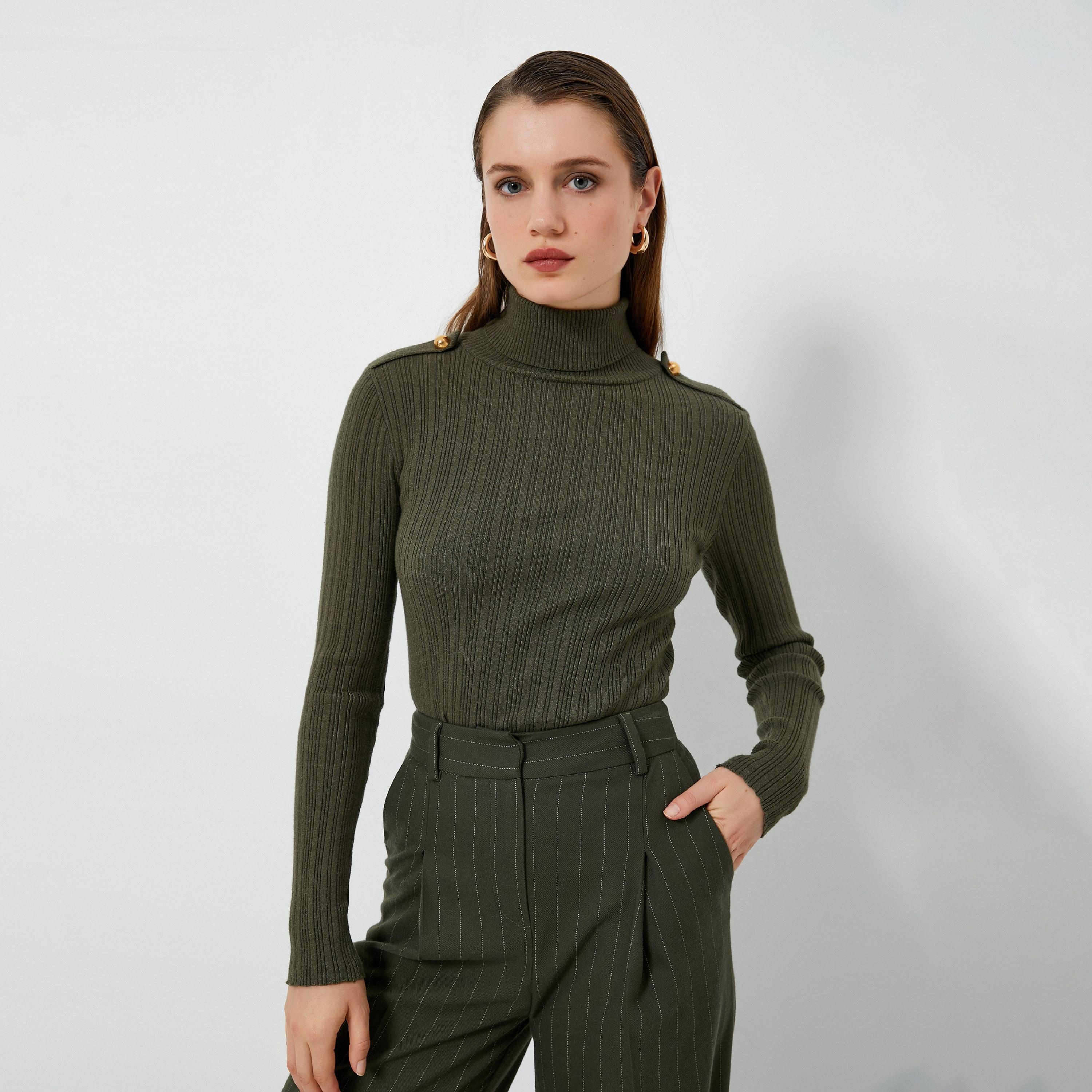 KOTON Green Ribbed Knit Turtle Neck Women's Sweater-women-winterwear-cardigansandjumpers-jumpers-image-4