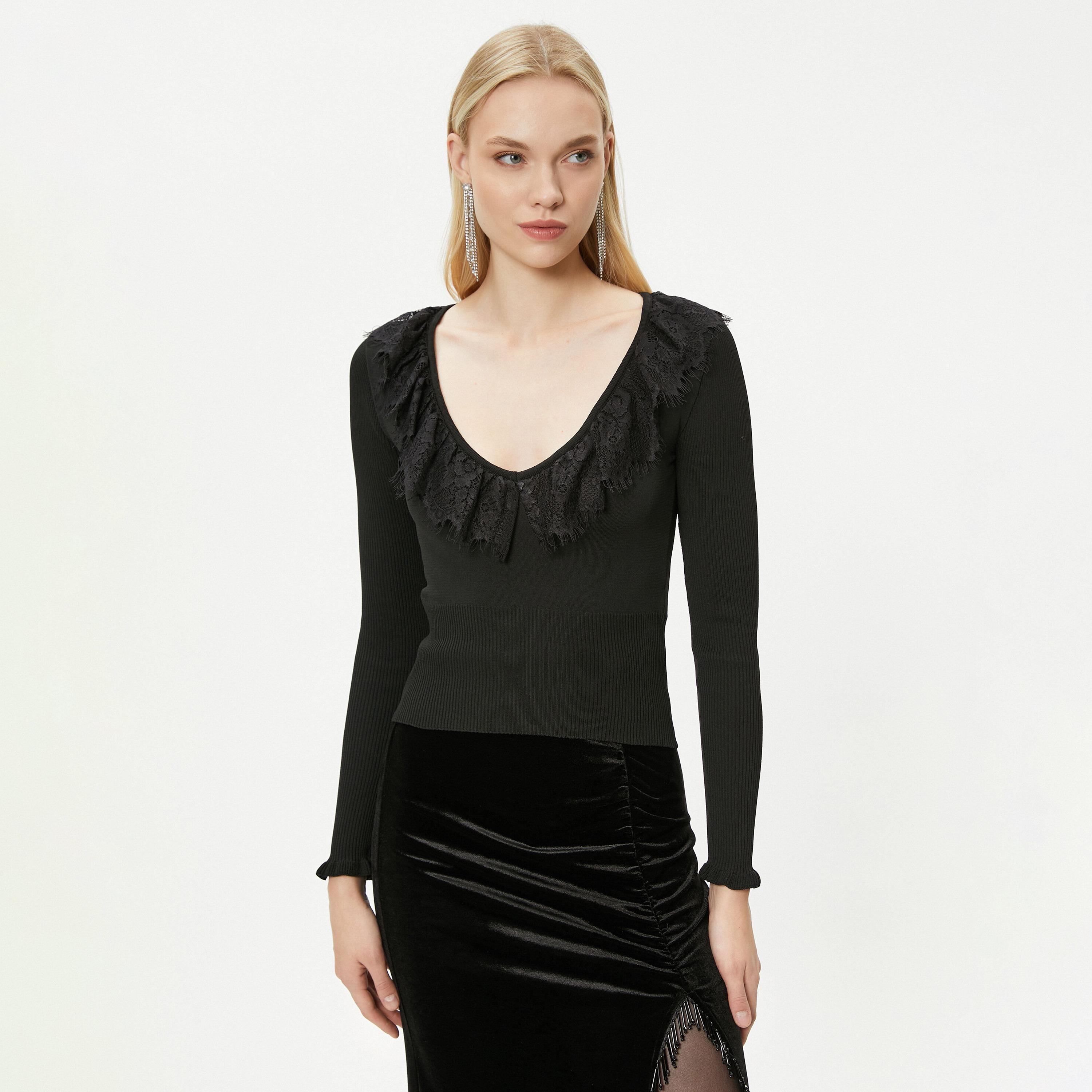 KOTON Black Lace Trim Scoop Neck Women's Sweater-women-winterwear-cardigansandjumpers-jumpers-image-1