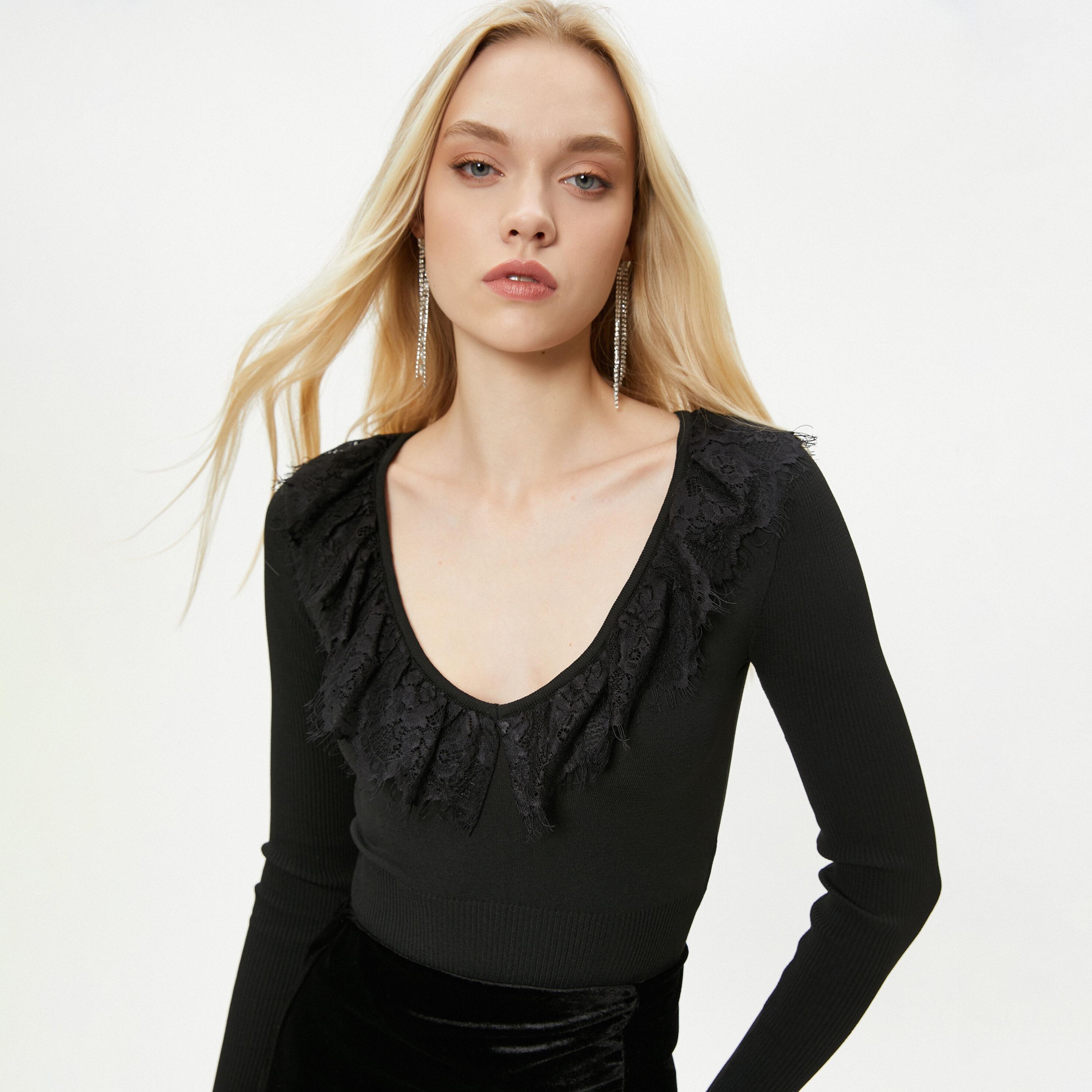 KOTON Black Lace Trim Scoop Neck Women's Sweater-women-winterwear-cardigansandjumpers-jumpers-image-4