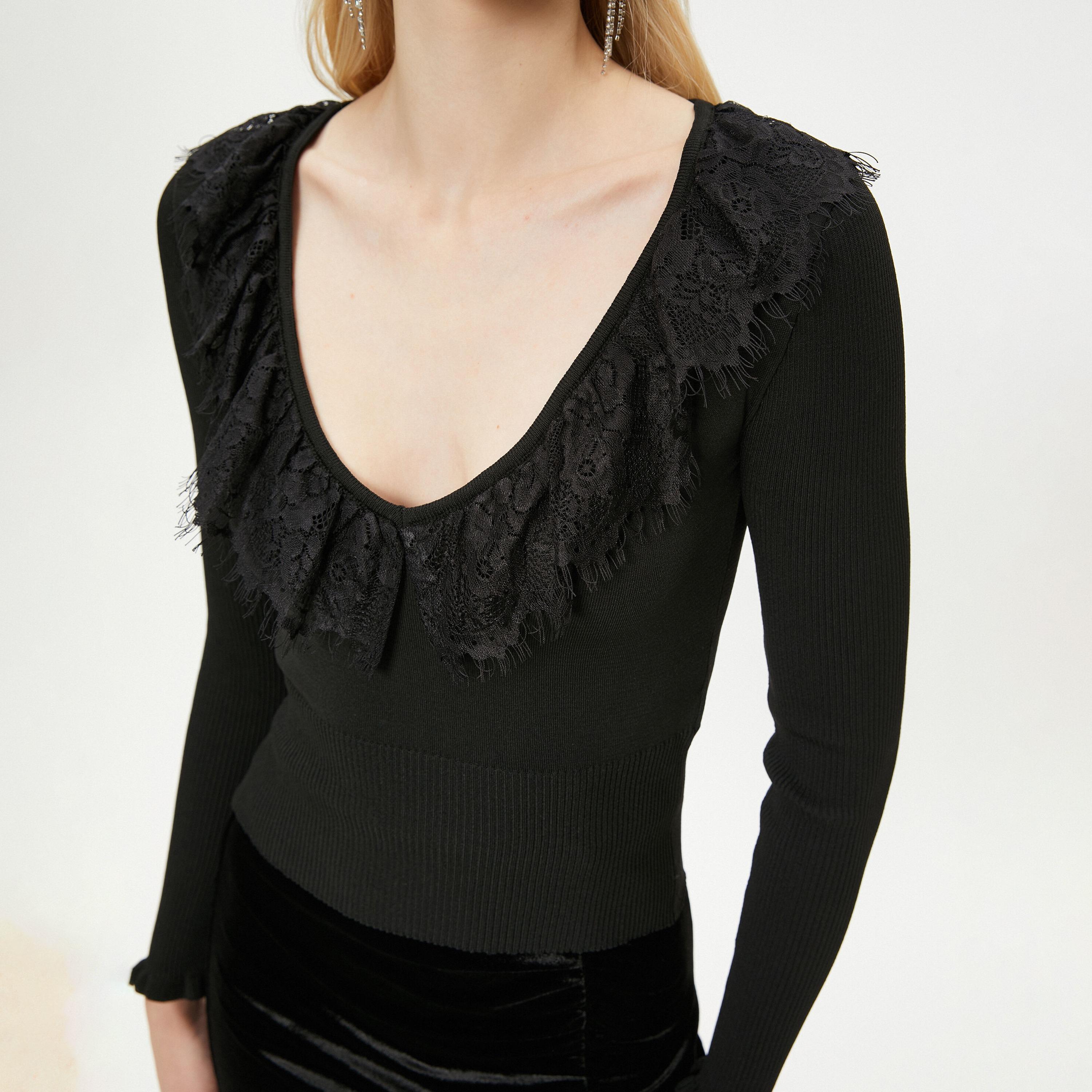 KOTON Black Lace Trim Scoop Neck Women's Sweater-women-winterwear-cardigansandjumpers-jumpers-image-5