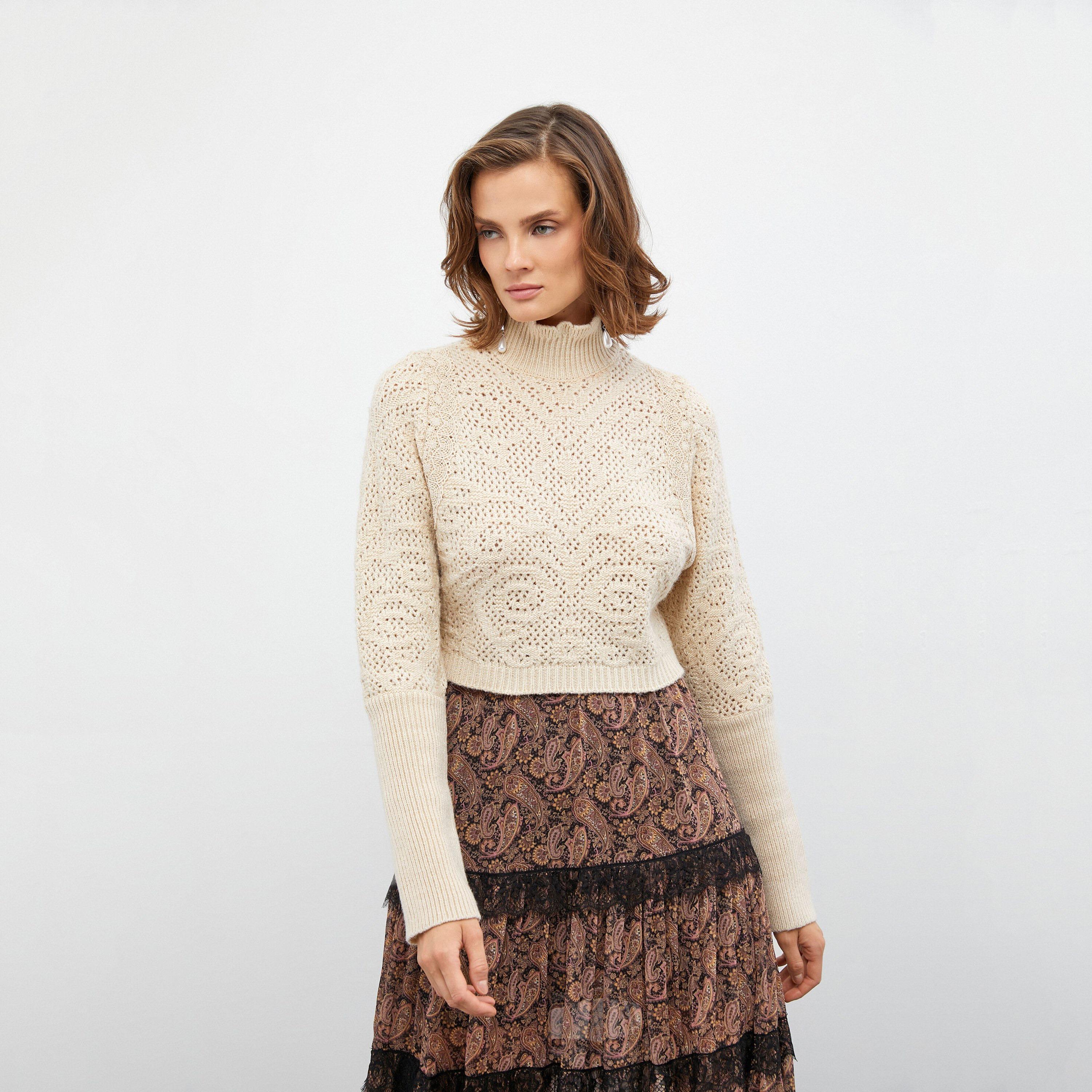 KOTON Beige Knitted High Neck Women's Cropped Sweater-women-winterwear-cardigansandjumpers-jumpers-image-1