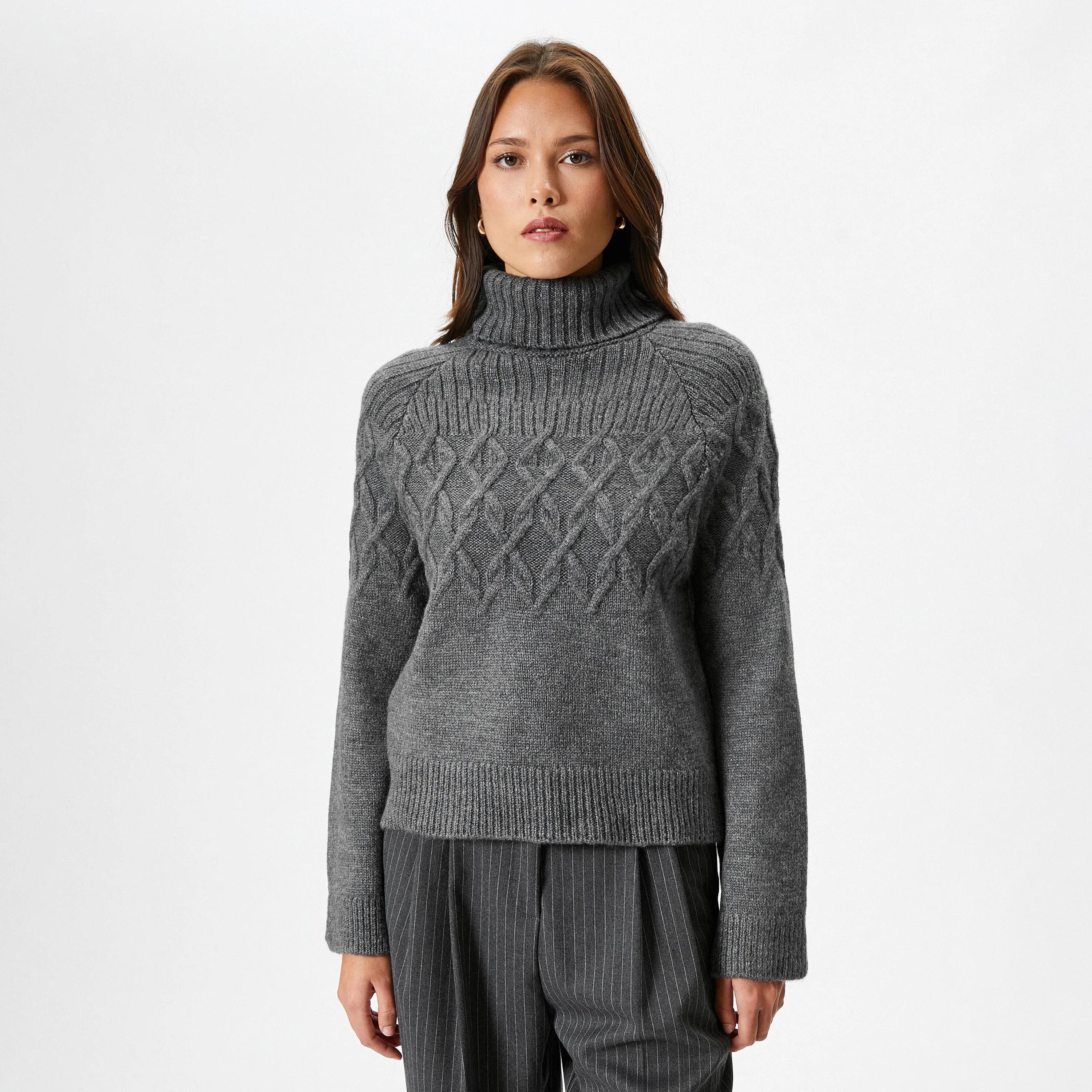 KOTON Grey Cable Knitted Turtle Neck Women's Sweater-women-winterwear-cardigansandjumpers-jumpers-image-1