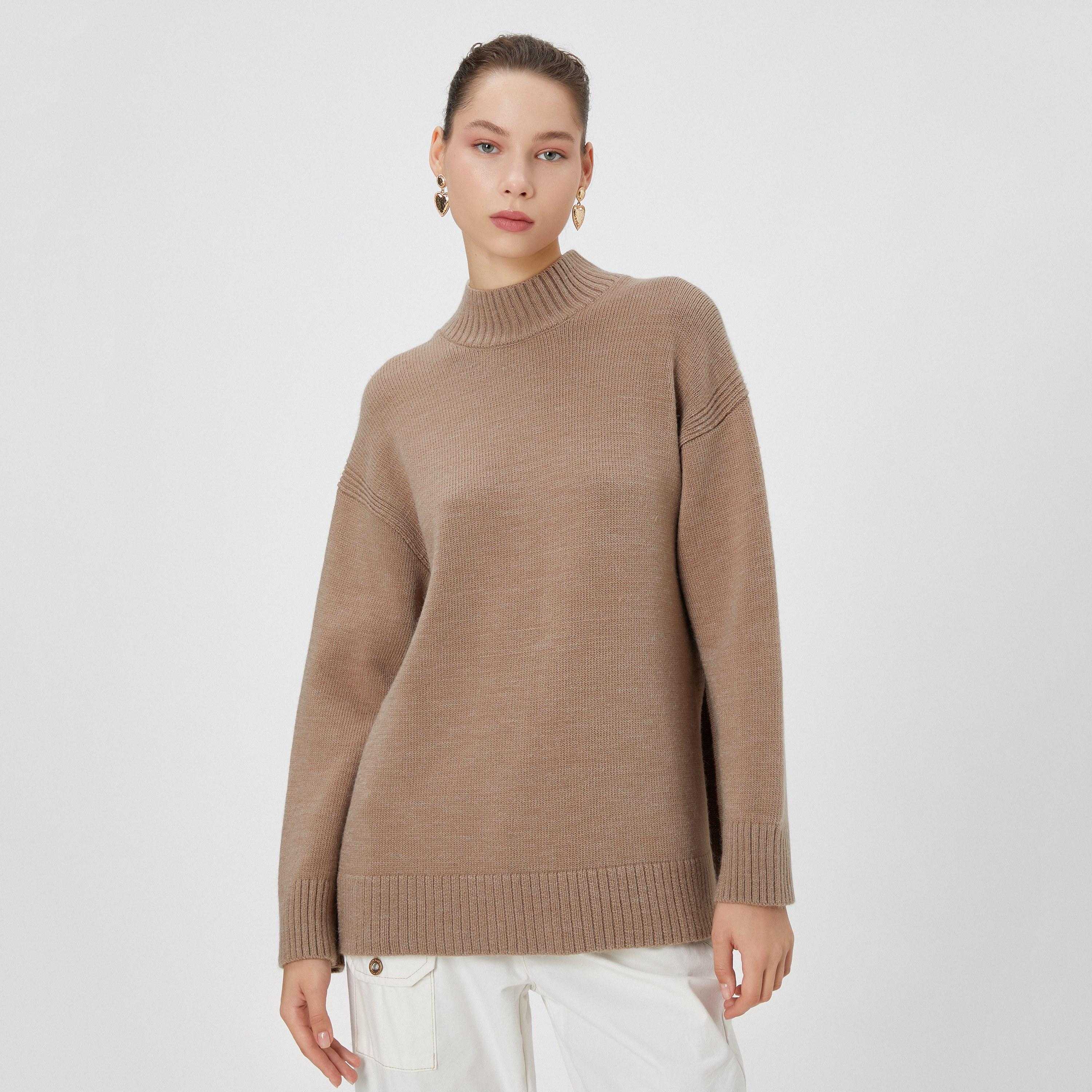 سويتر نسائي بياقة مرتفعة من كوتون - بني-women-winterwear-cardigansandjumpers-jumpers-image-1