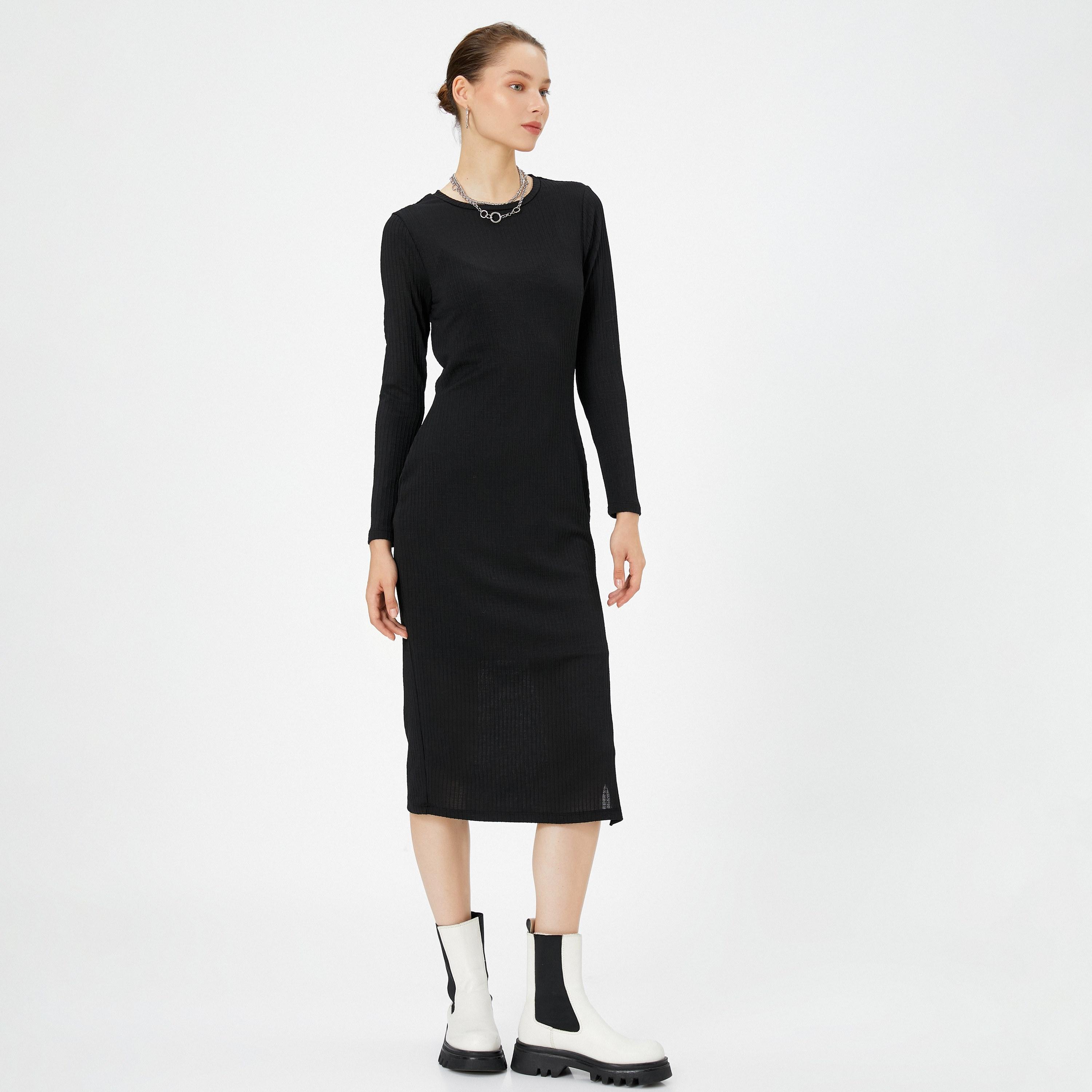 فستان نسائي ميدي أسود مضلع بقصة مستقيمة من كوتون-women-clothing-dresses-image-1