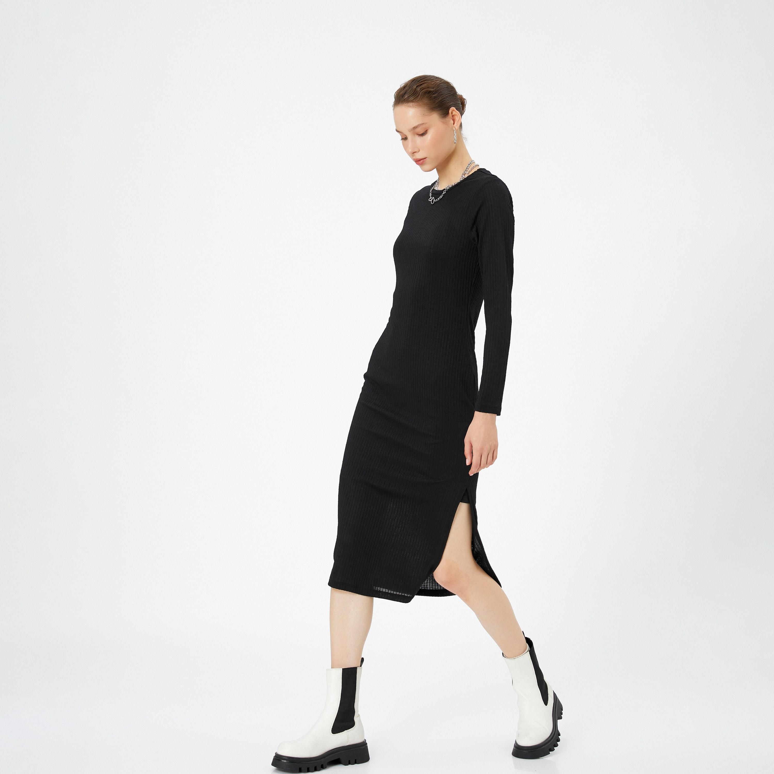 فستان نسائي ميدي أسود مضلع بقصة مستقيمة من كوتون-women-clothing-dresses-image-2