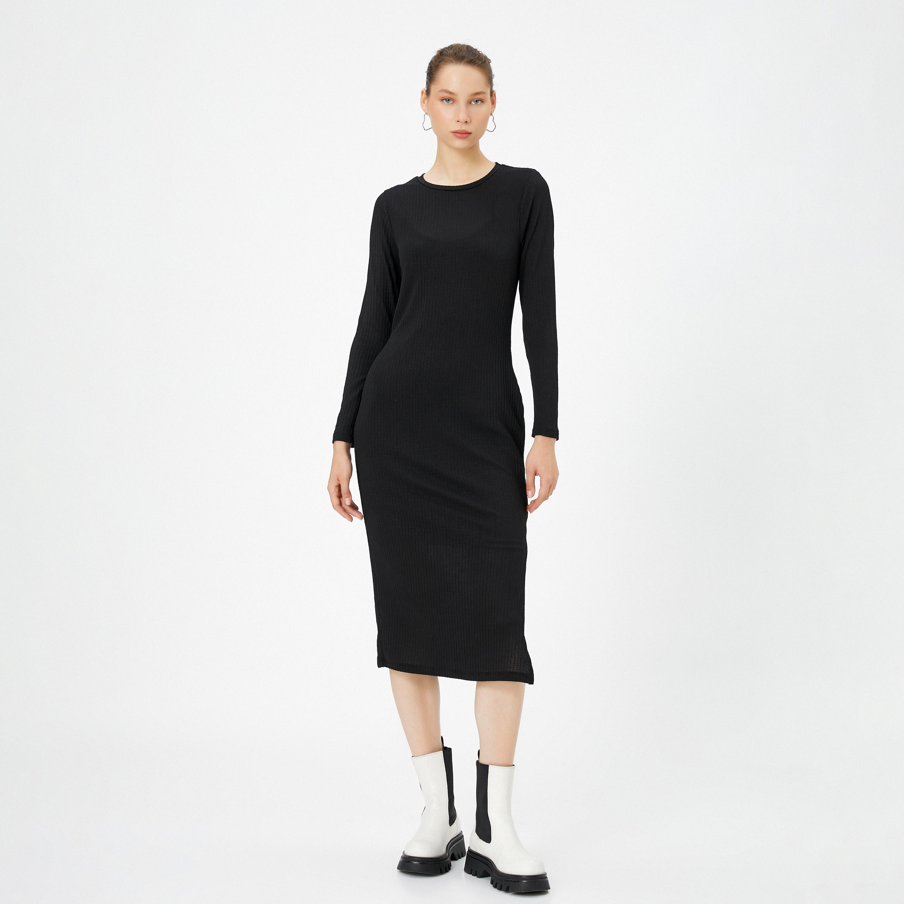 فستان نسائي ميدي أسود مضلع بقصة مستقيمة من كوتون-women-clothing-dresses-image-4