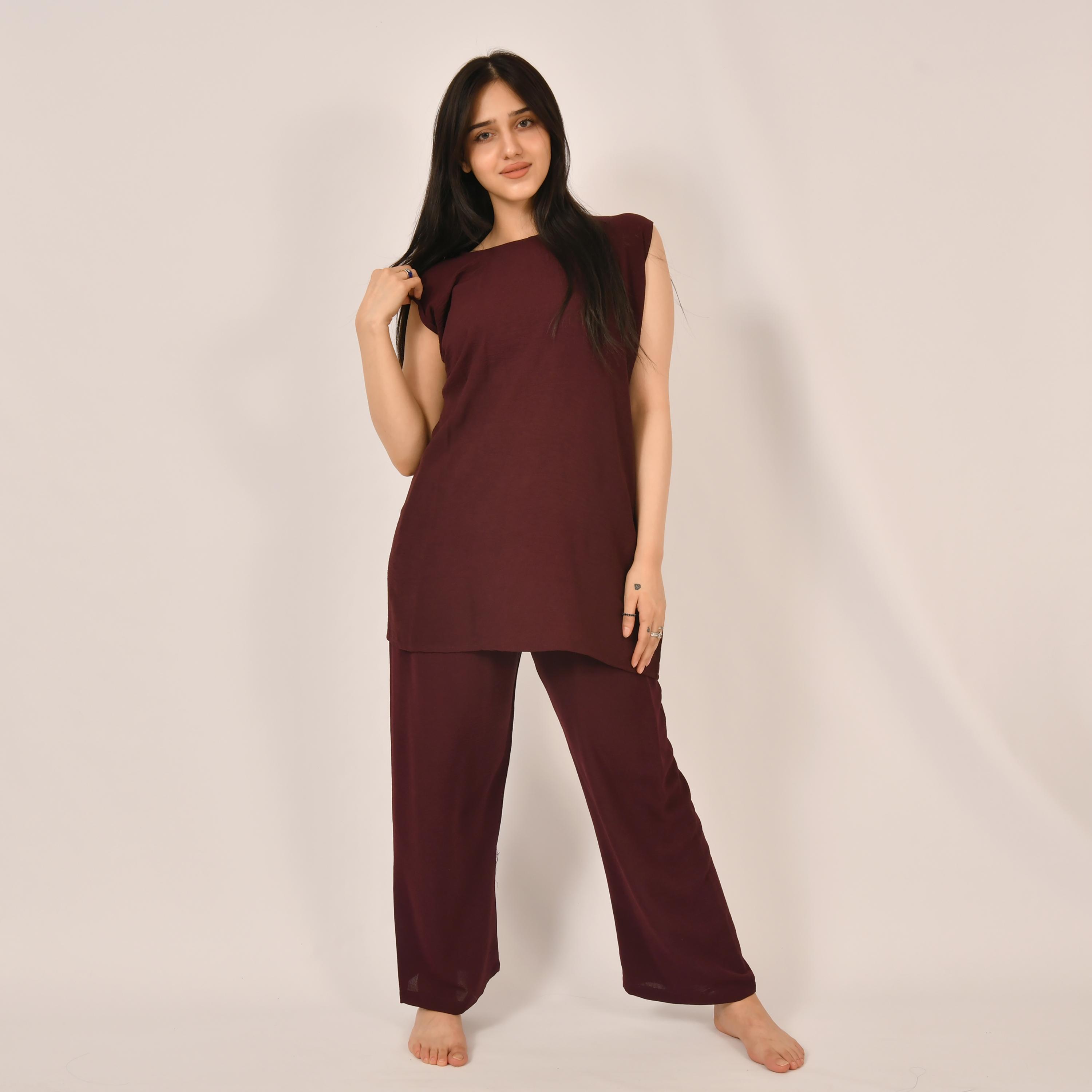 Hawraa 2-Piece Maroon Satin Under Abaya Top and Trousers-women-arabicclothing-abayainner-image-1