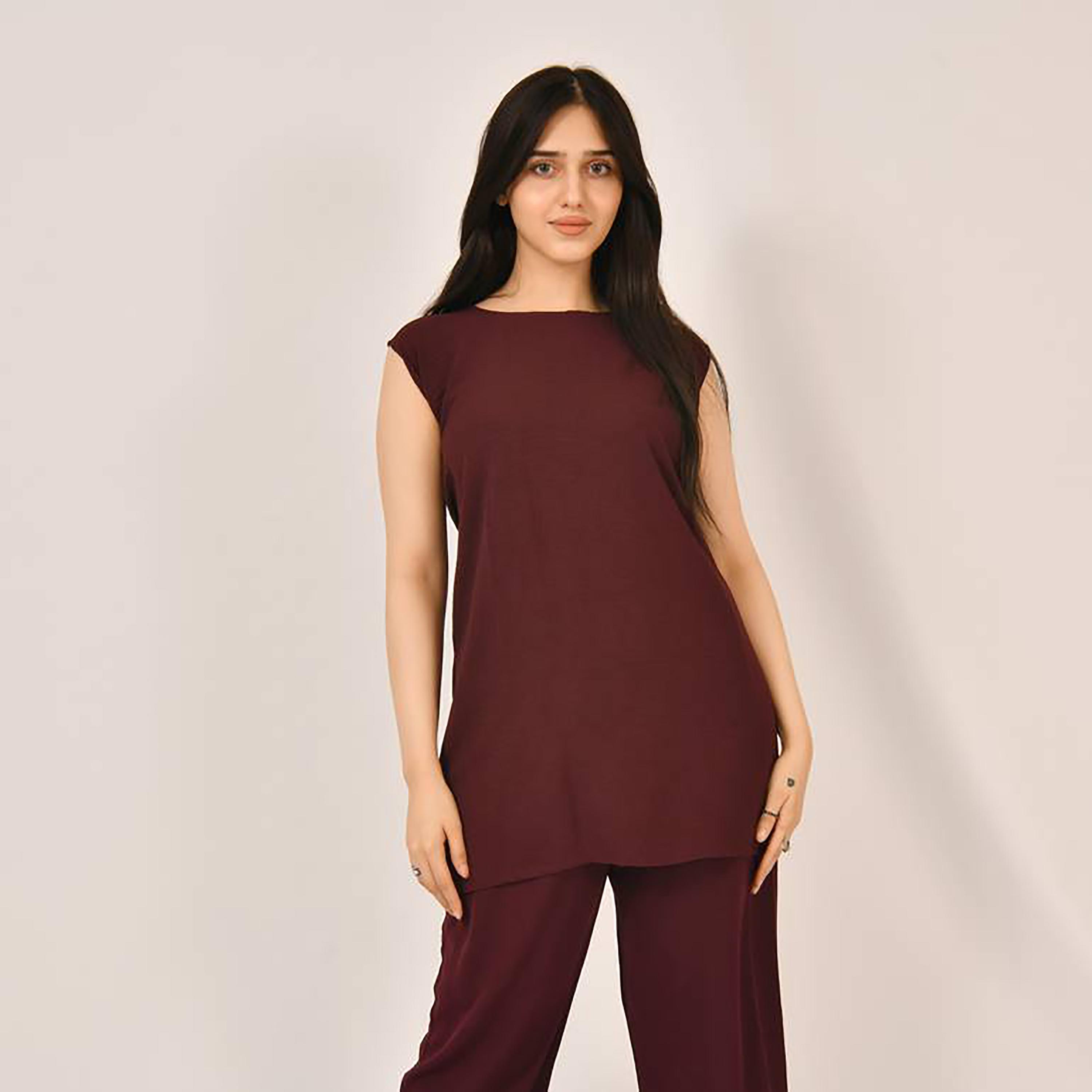 Hawraa 2-Piece Maroon Satin Under Abaya Top and Trousers-women-arabicclothing-abayainner-image-2