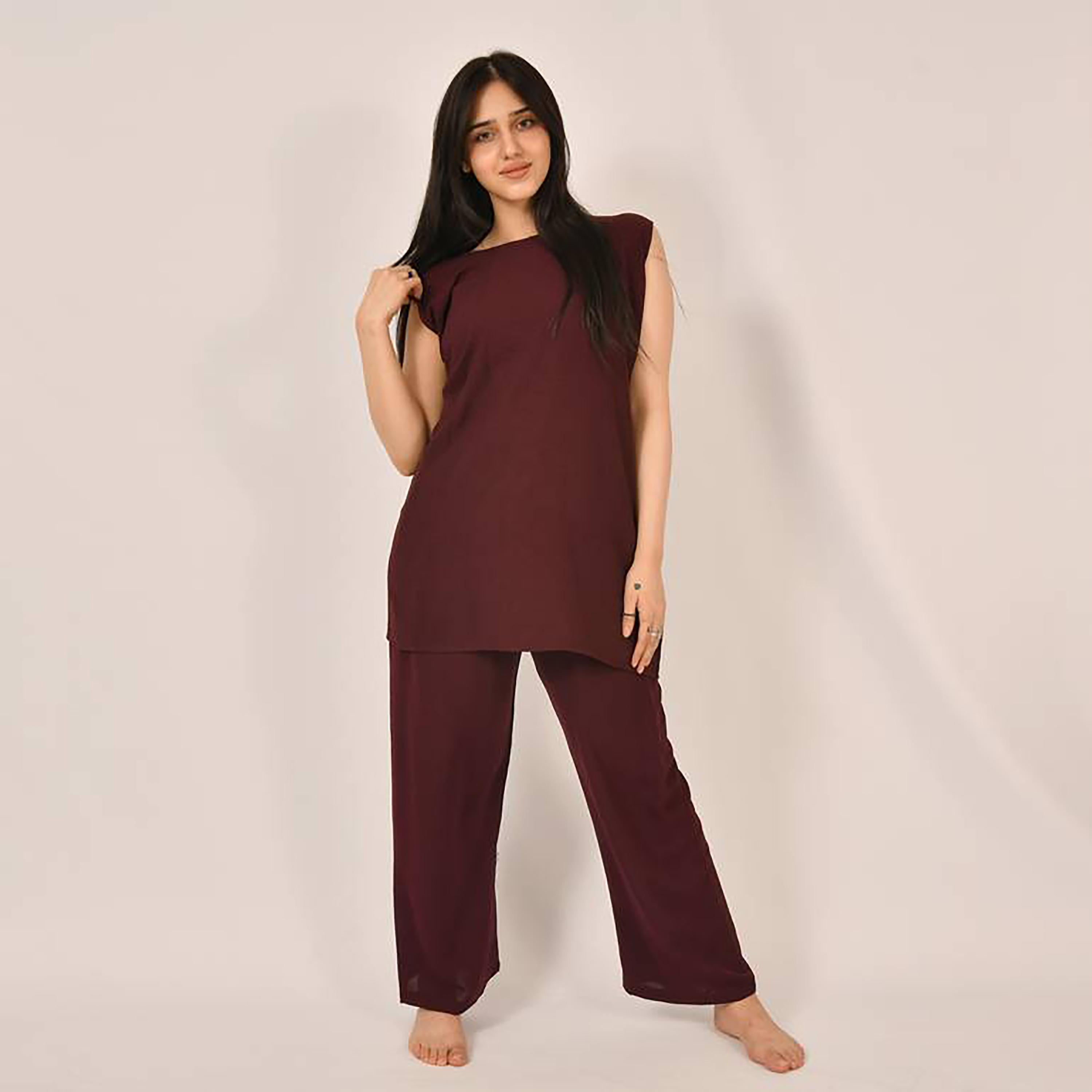Hawraa 2-Piece Maroon Satin Under Abaya Top and Trousers-women-arabicclothing-abayainner-image-3