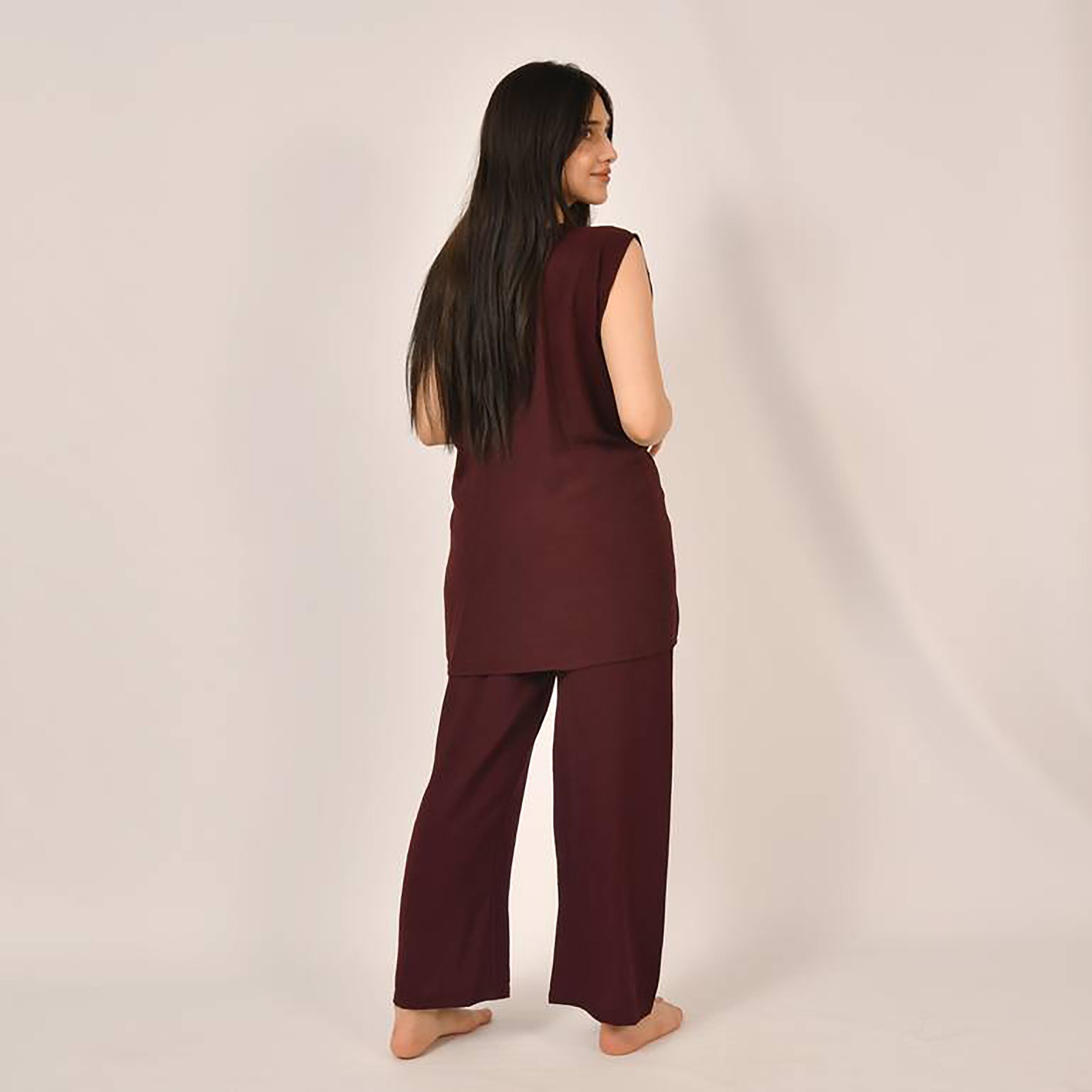 Hawraa 2-Piece Maroon Satin Under Abaya Top and Trousers-women-arabicclothing-abayainner-image-4