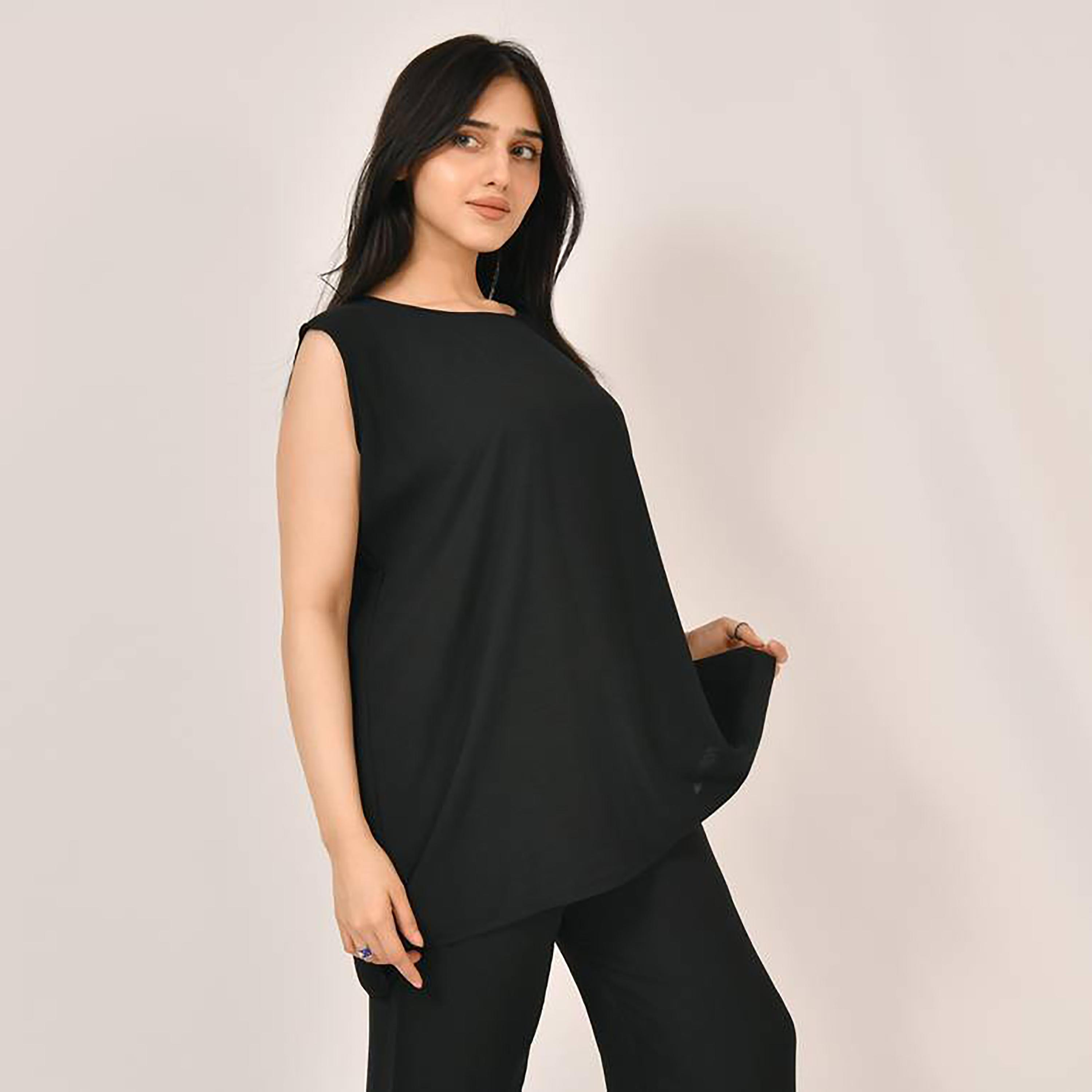 Hawraa 2-Piece Black Satin Under Abaya Top and Trousers-women-arabicclothing-abayainner-image-2