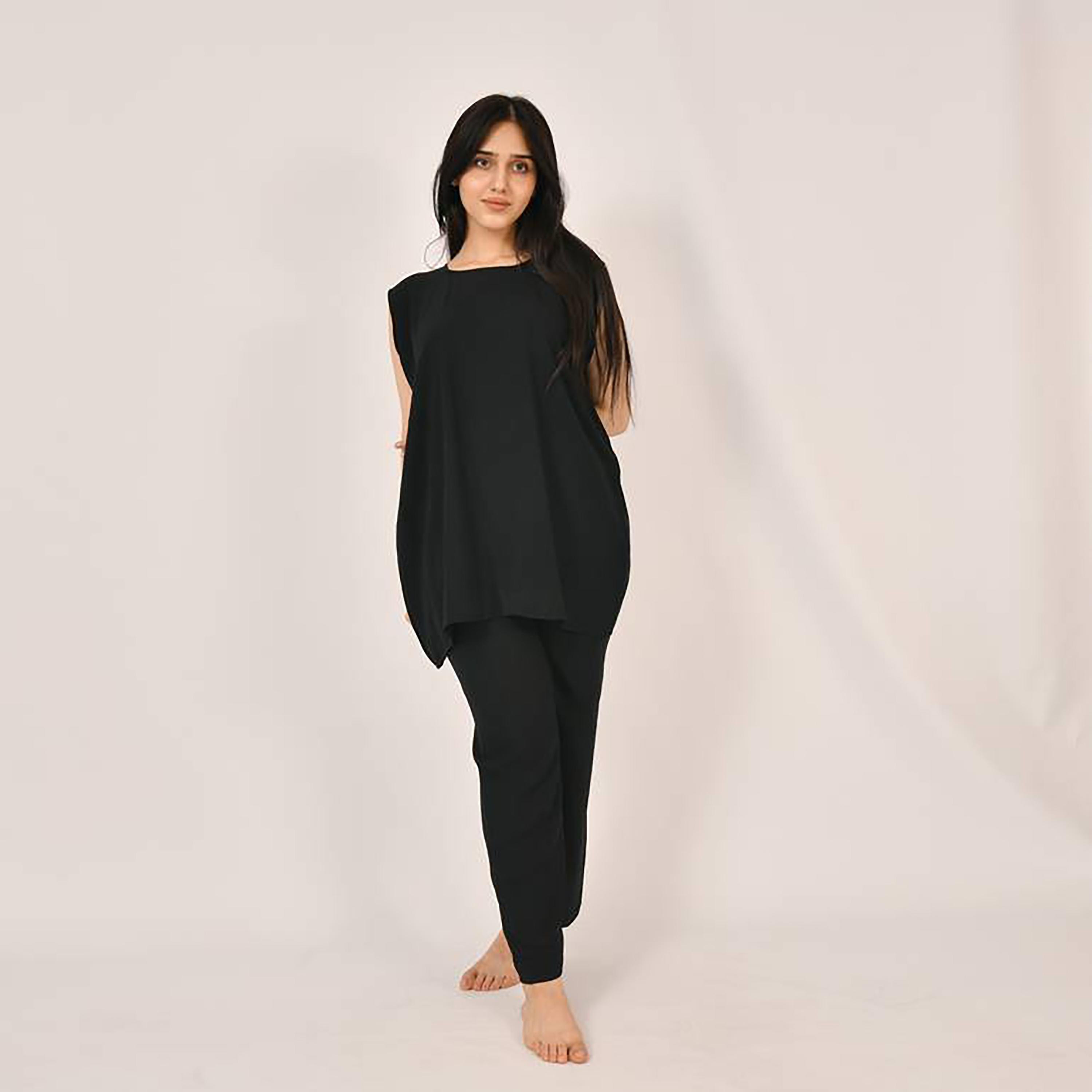 Hawraa 2-Piece Black Satin Under Abaya Top and Trousers-women-arabicclothing-abayainner-image-3