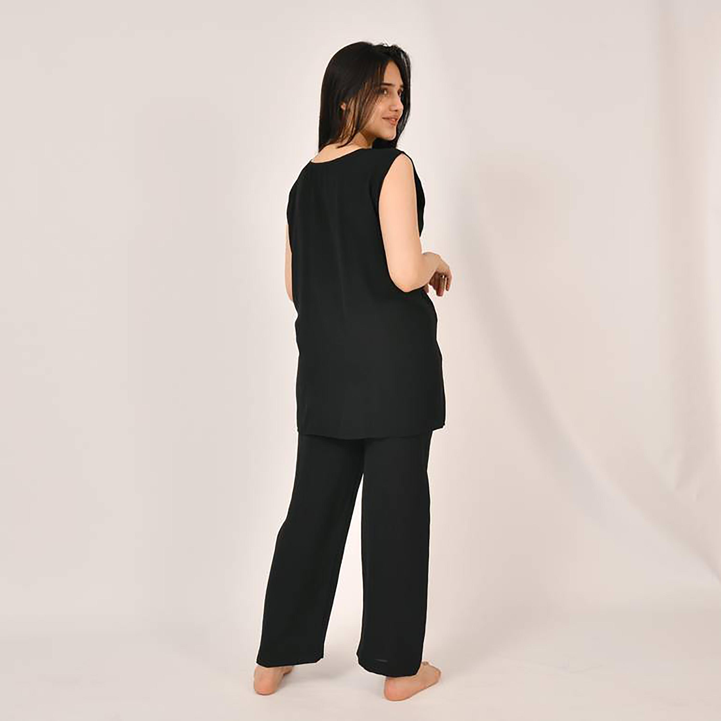Hawraa 2-Piece Black Satin Under Abaya Top and Trousers-women-arabicclothing-abayainner-image-4