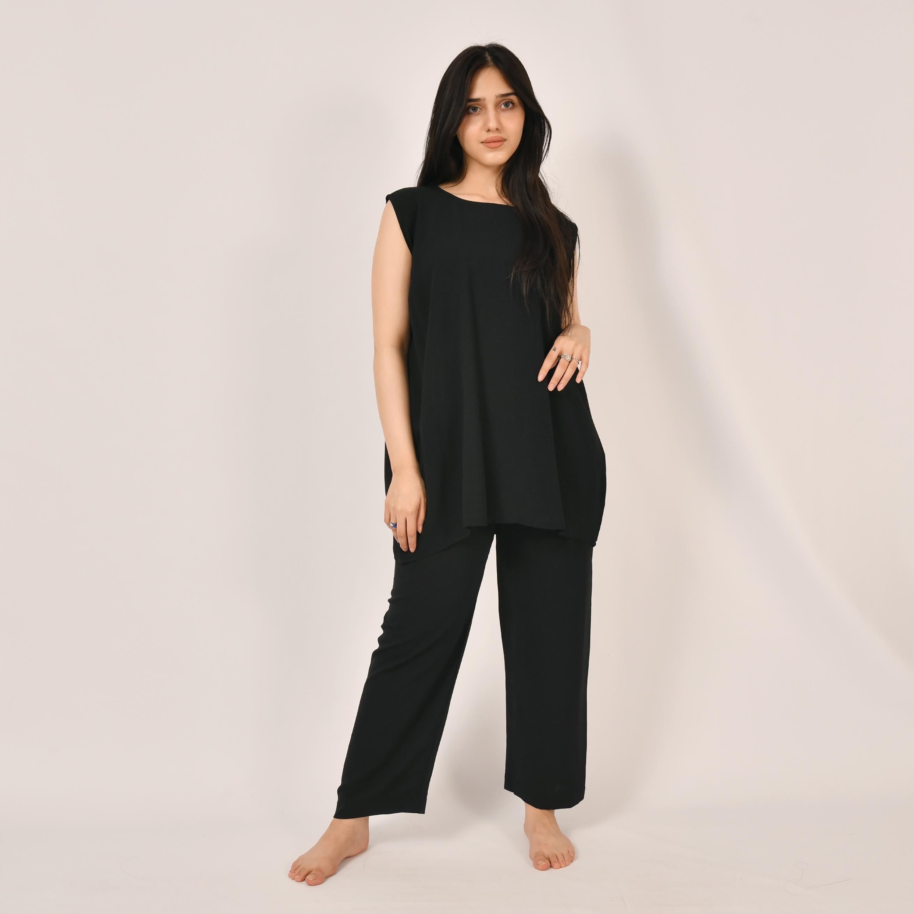 Hawraa 2-Piece Black Satin Under Abaya Top and Trousers-women-arabicclothing-abayainner-image-1