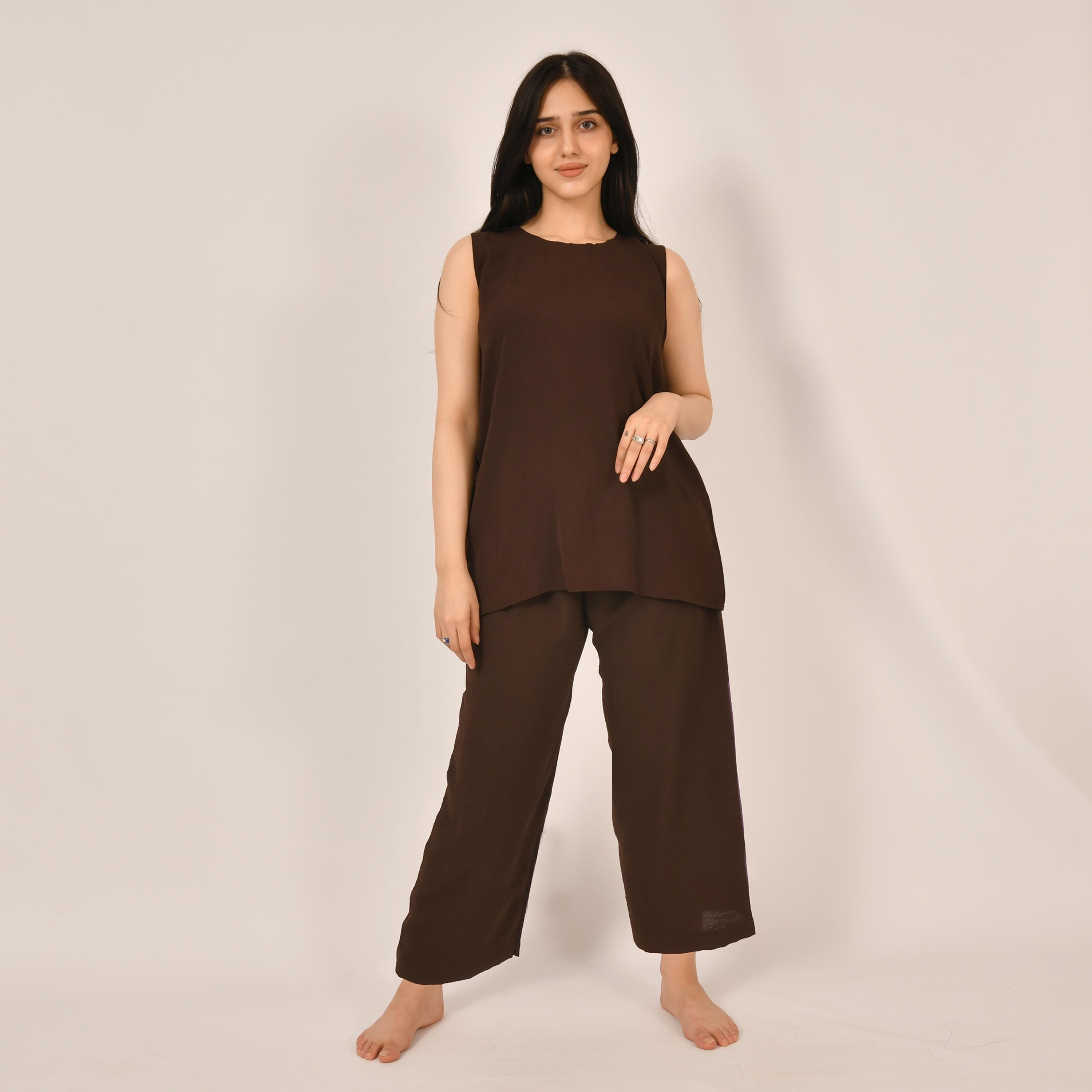 Hawraa 2-Piece Brown Satin Under Abaya Top and Trousers-women-arabicclothing-abayainner-image-1