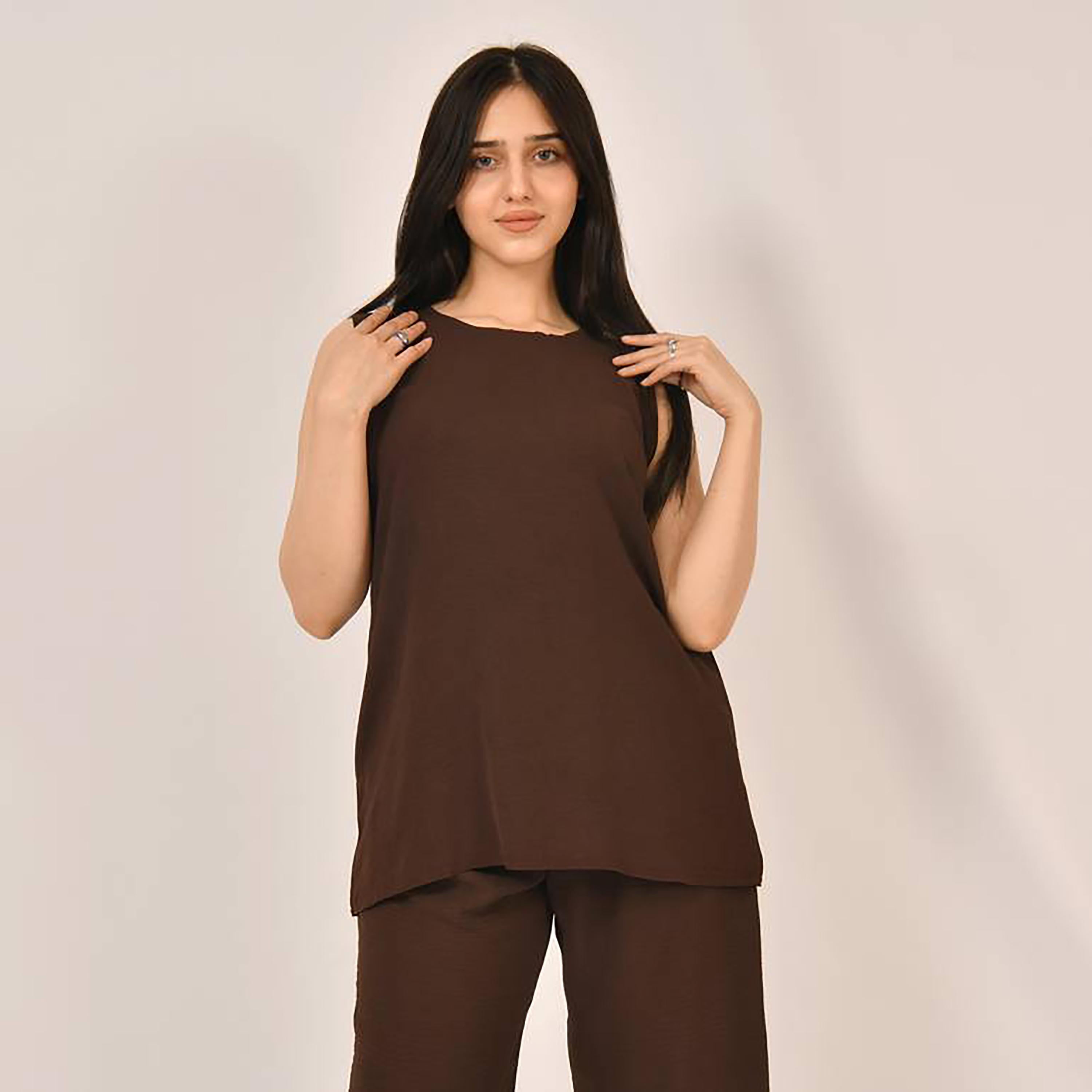 Hawraa 2-Piece Brown Satin Under Abaya Top and Trousers-women-arabicclothing-abayainner-image-2