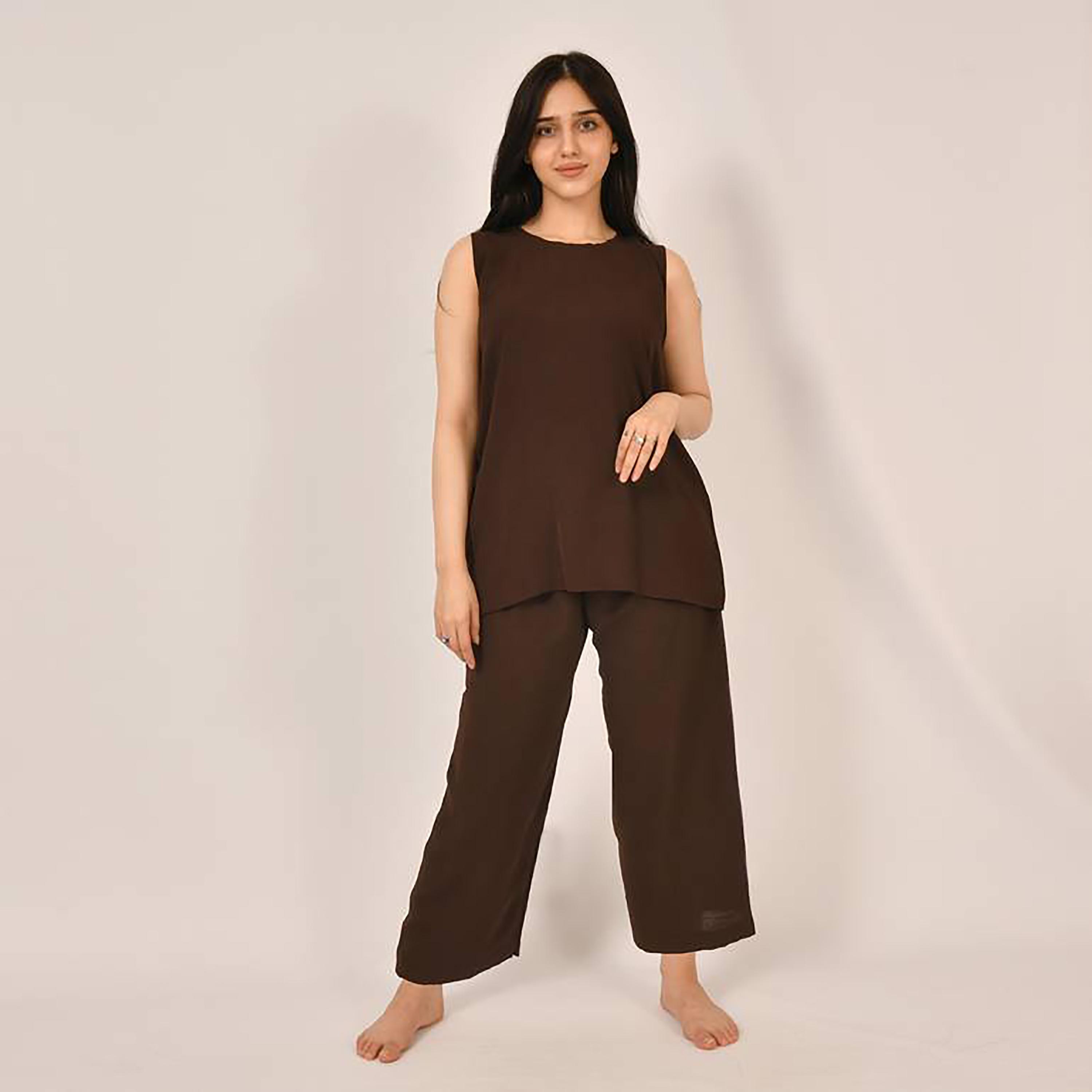 Hawraa 2-Piece Brown Satin Under Abaya Top and Trousers-women-arabicclothing-abayainner-image-3