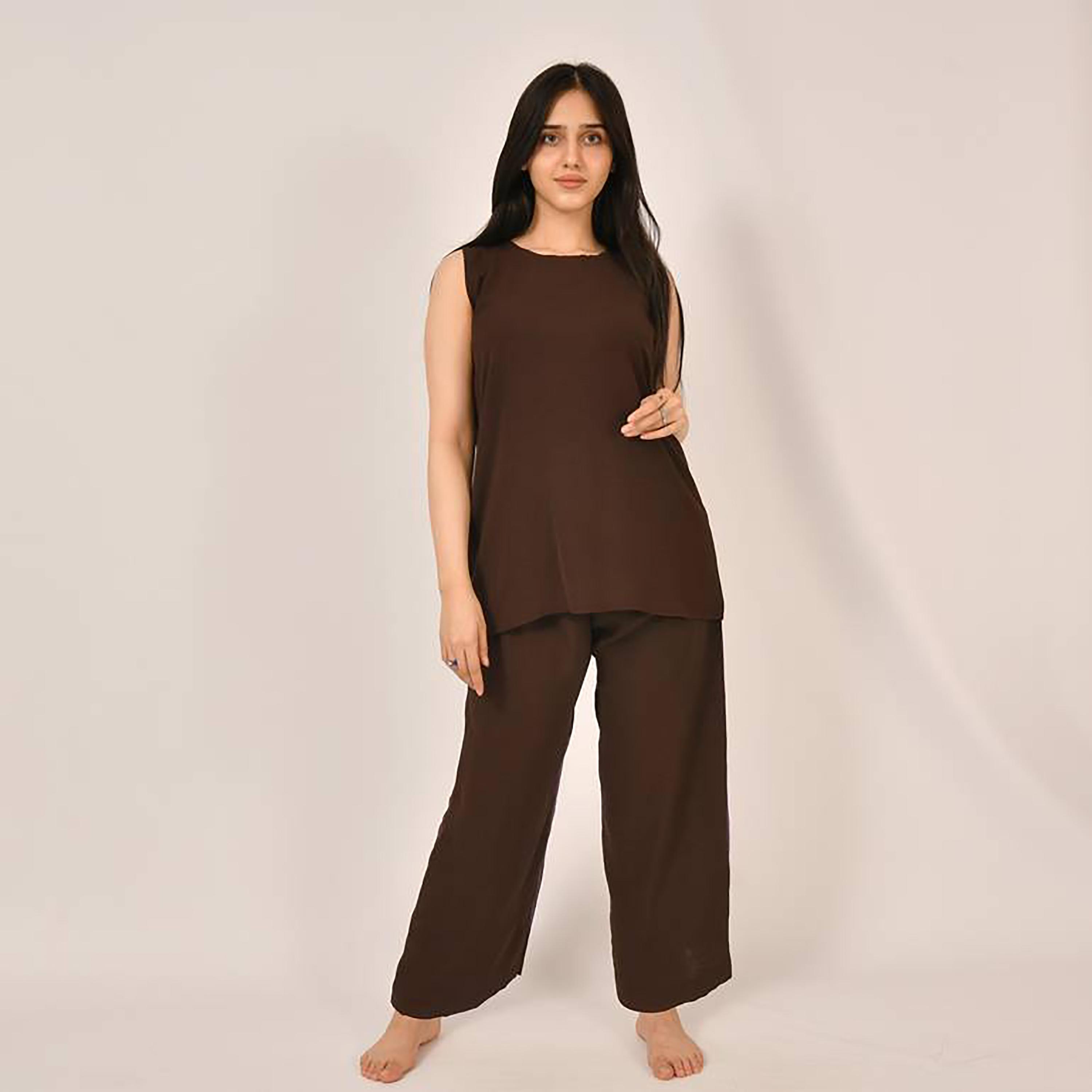 Hawraa 2-Piece Brown Satin Under Abaya Top and Trousers-women-arabicclothing-abayainner-image-4