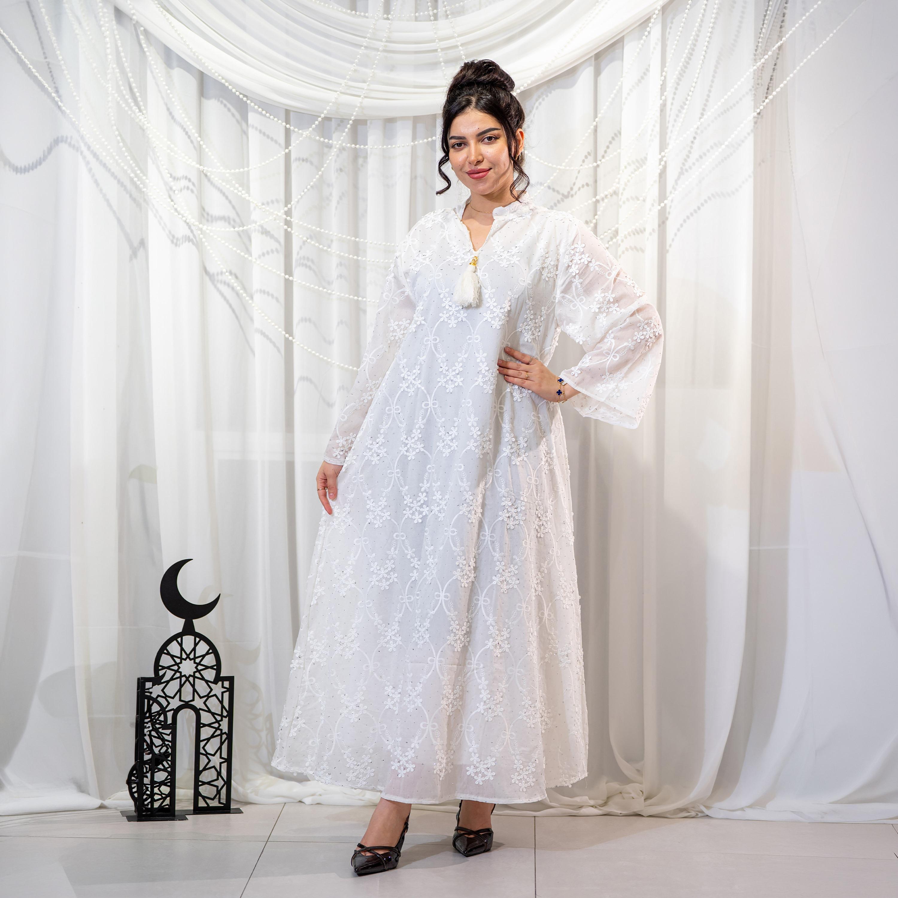 Zahiyh White Floral Embroidered Mandarin Collar Wide Sleeves Women's Evening Jalabiya-women-arabicclothing-jalabiyas-image-1