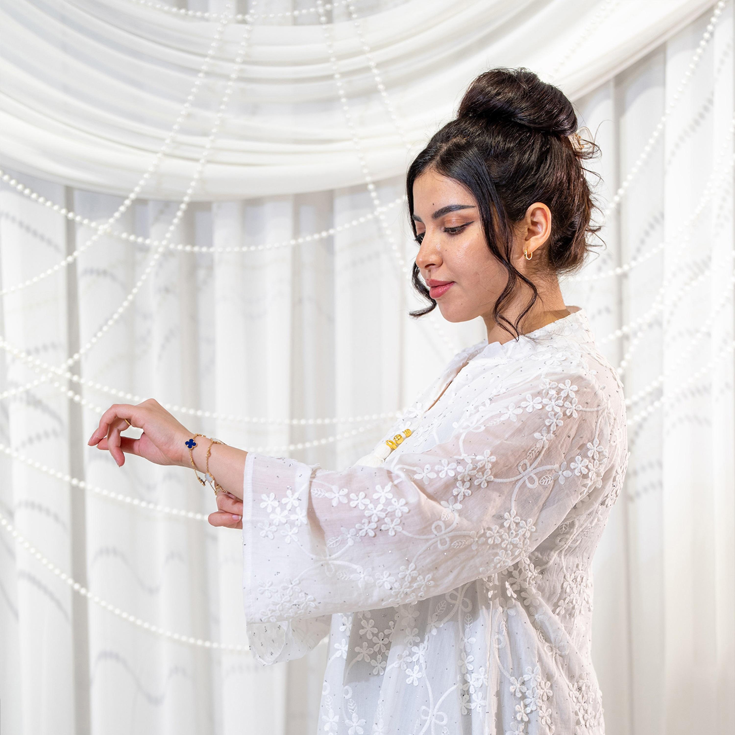 Zahiyh White Floral Embroidered Mandarin Collar Wide Sleeves Women's Evening Jalabiya-women-arabicclothing-jalabiyas-image-2