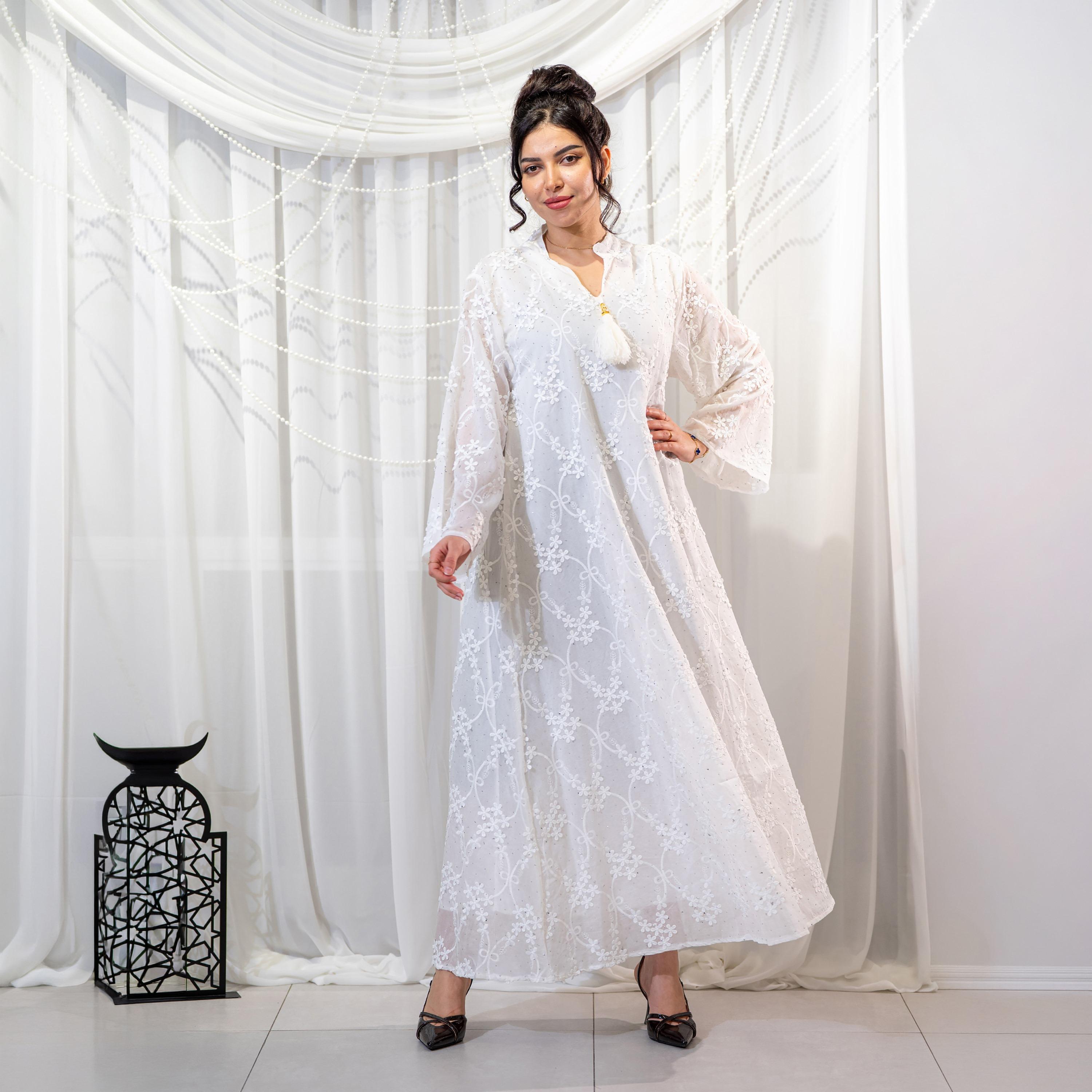 Zahiyh White Floral Embroidered Mandarin Collar Wide Sleeves Women's Evening Jalabiya-women-arabicclothing-jalabiyas-image-3