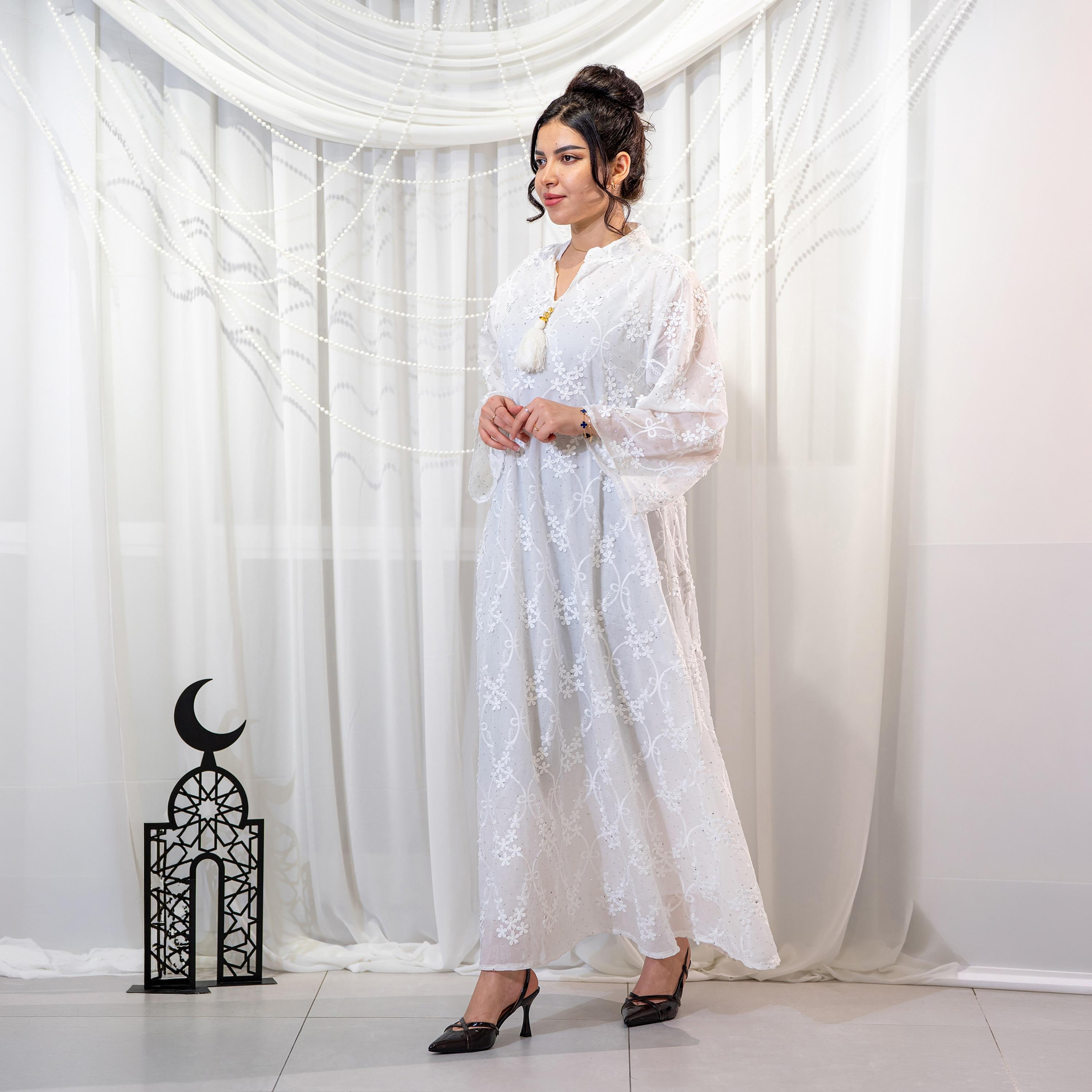 Zahiyh White Floral Embroidered Mandarin Collar Wide Sleeves Women's Evening Jalabiya-women-arabicclothing-jalabiyas-image-4