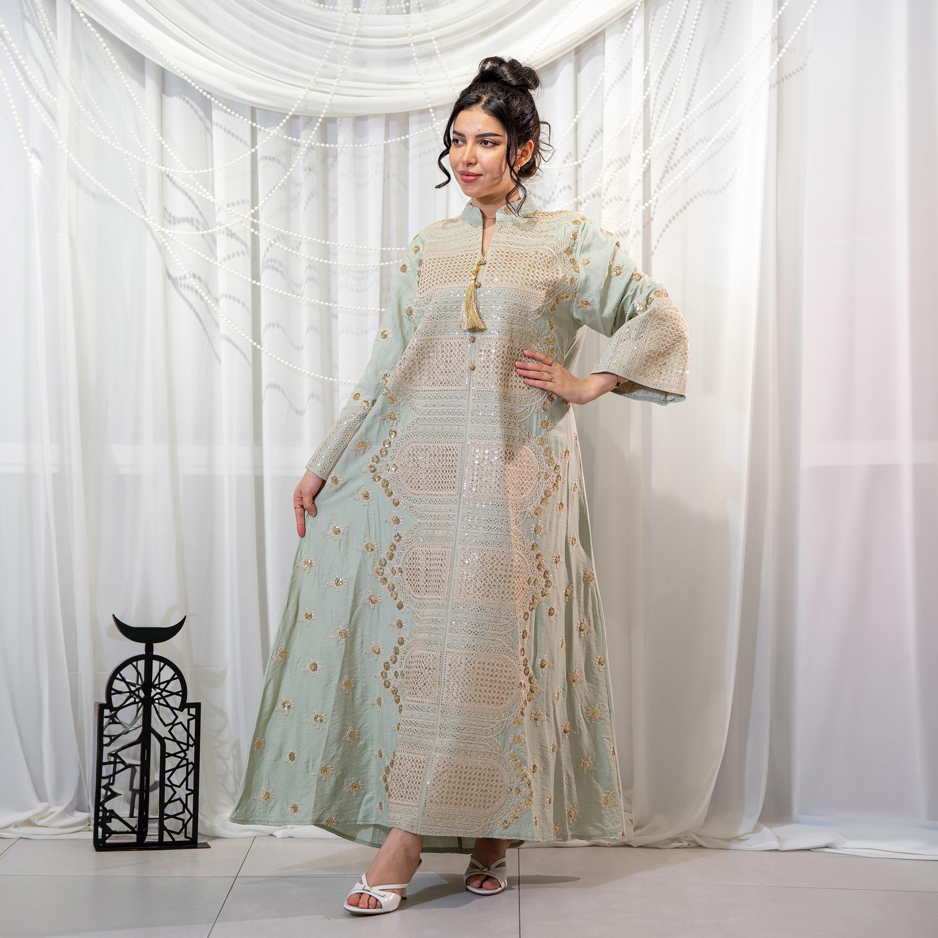 Zahiyh Light Green Embroidered & Sequined Mandarin Collar Wide Sleeves Women's Evening Jalabiya-women-arabicclothing-jalabiyas-image-1