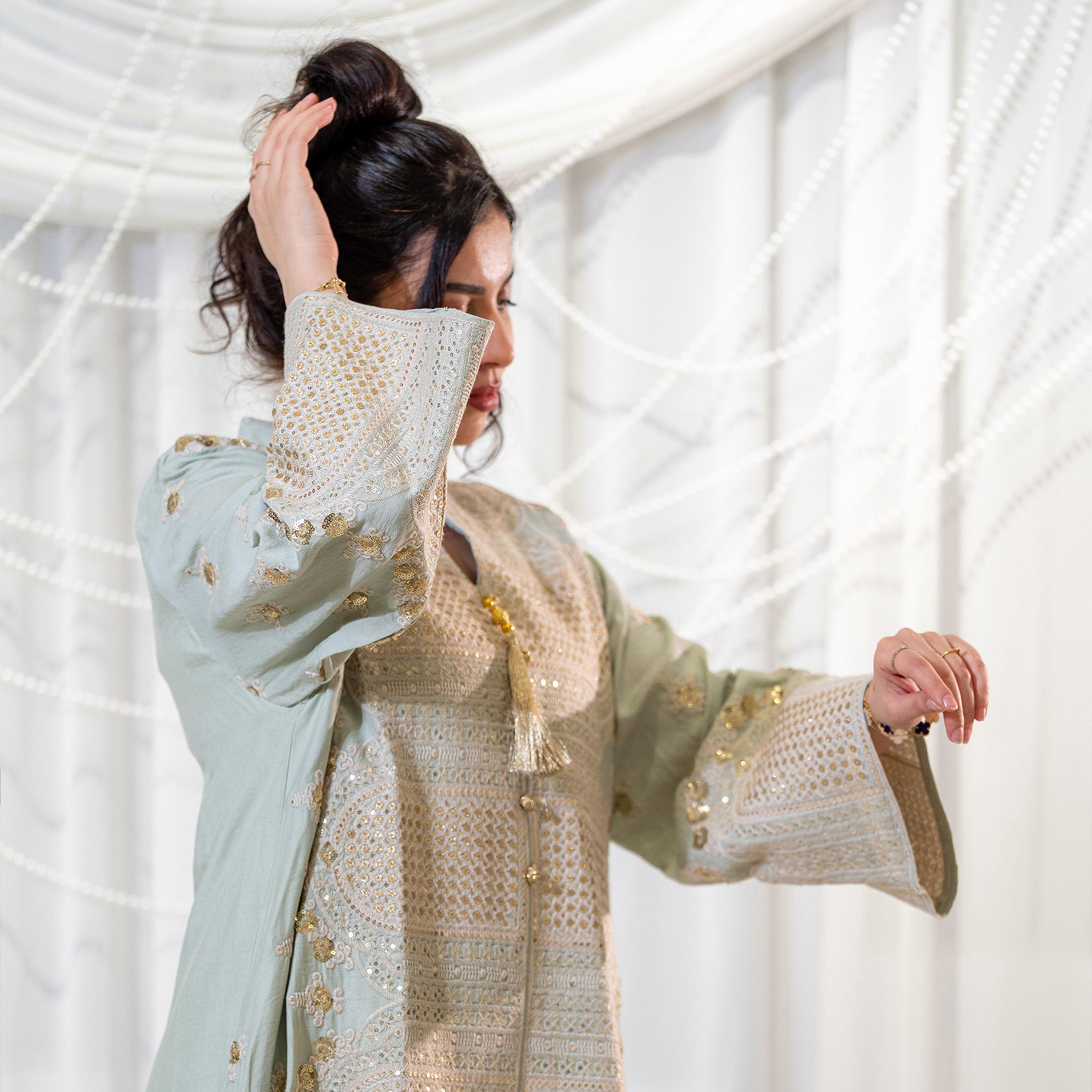 Zahiyh Light Green Embroidered & Sequined Mandarin Collar Wide Sleeves Women's Evening Jalabiya-women-arabicclothing-jalabiyas-image-2