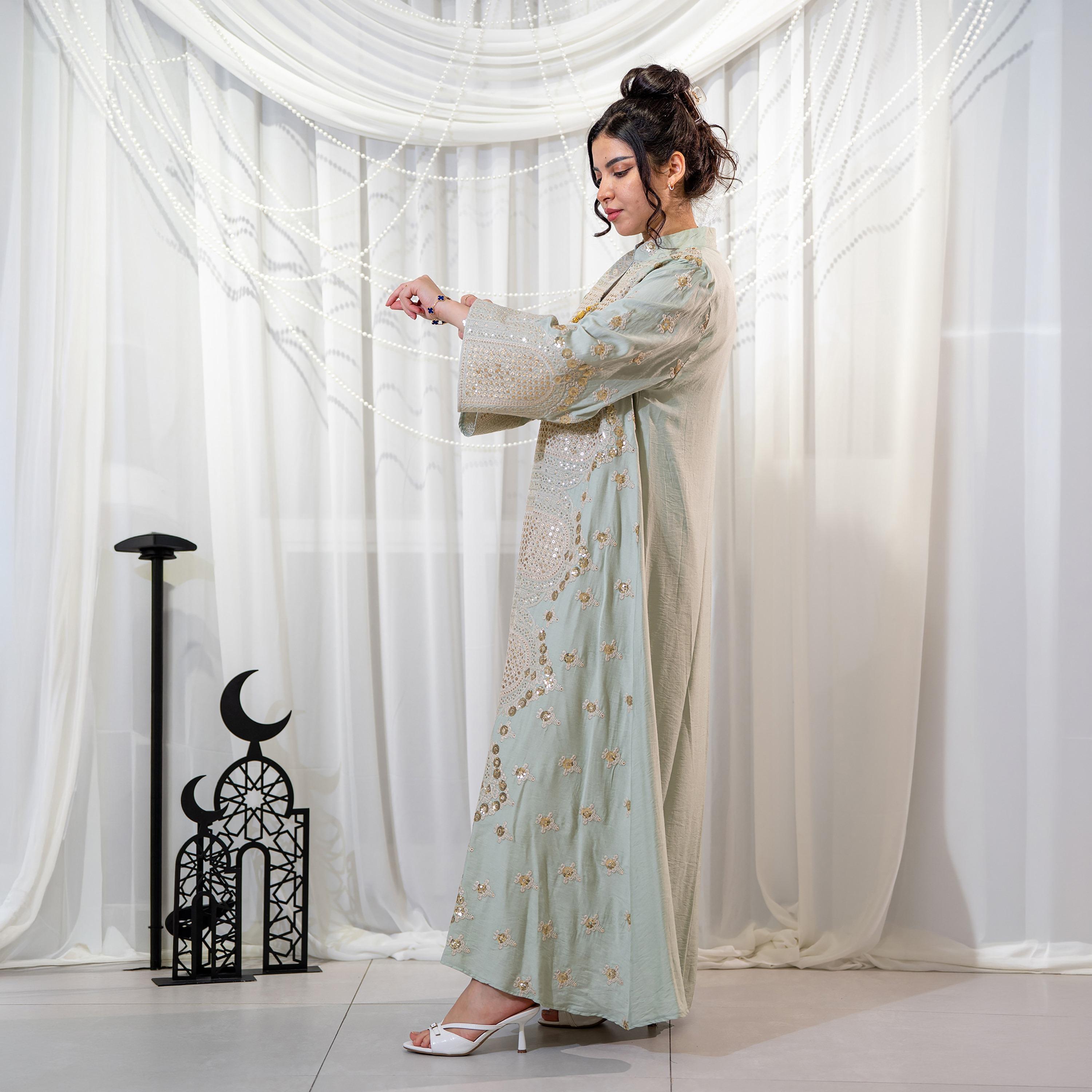 Zahiyh Light Green Embroidered & Sequined Mandarin Collar Wide Sleeves Women's Evening Jalabiya-women-arabicclothing-jalabiyas-image-3