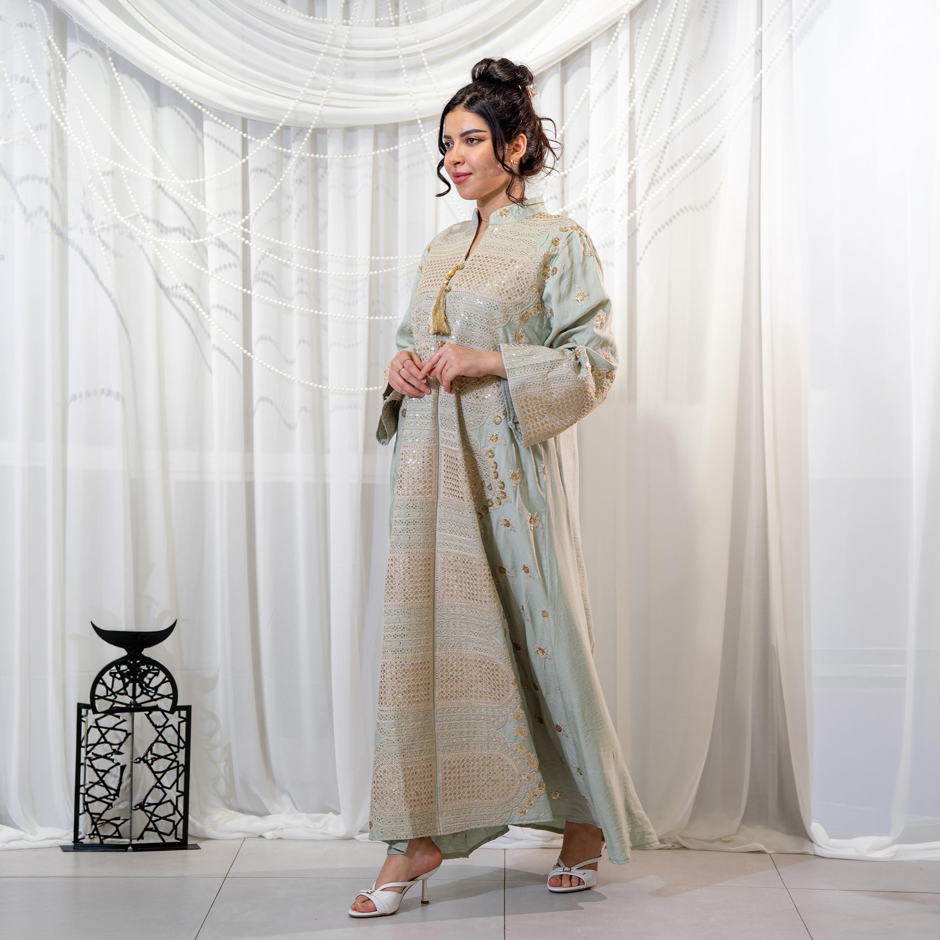 Zahiyh Light Green Embroidered & Sequined Mandarin Collar Wide Sleeves Women's Evening Jalabiya-women-arabicclothing-jalabiyas-image-4