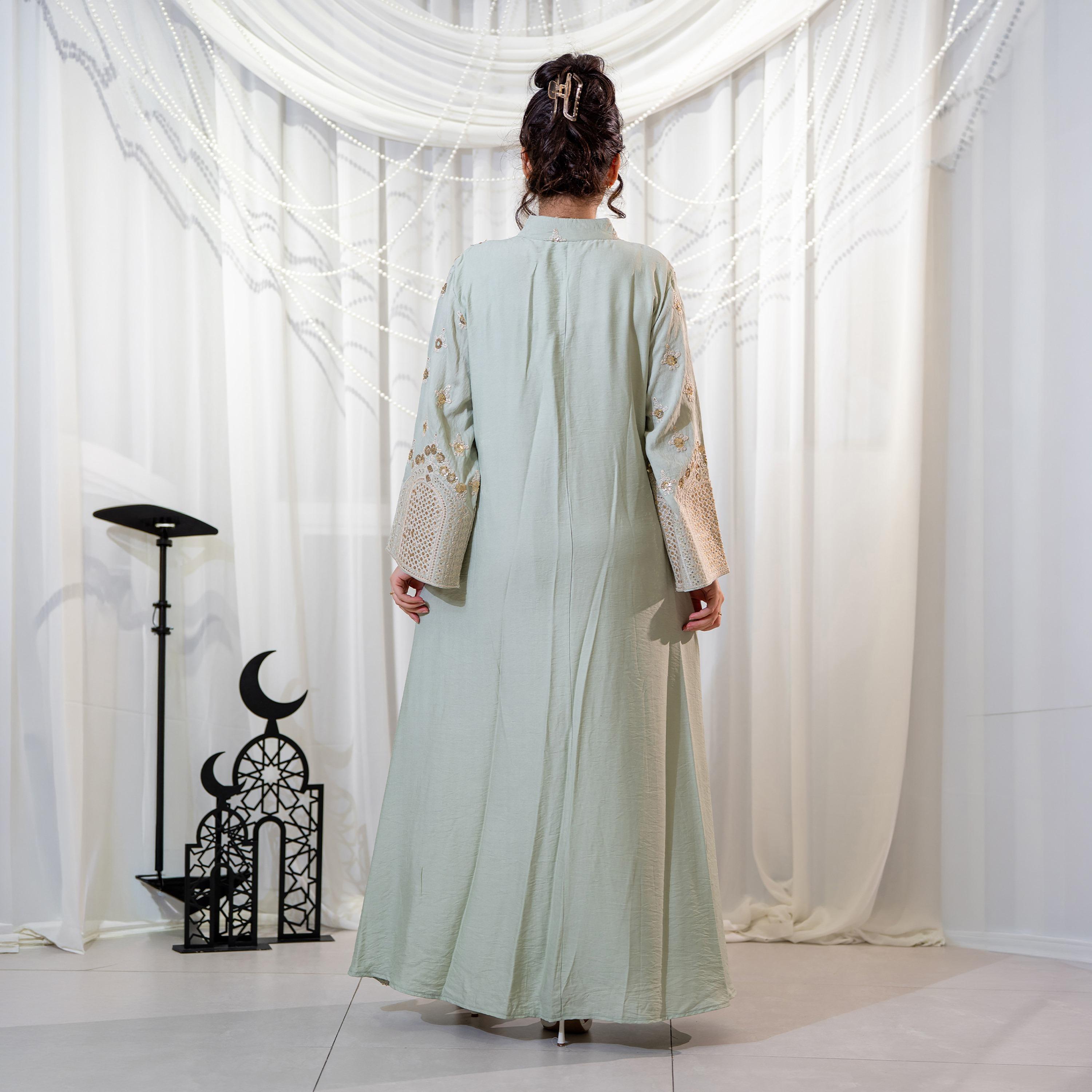 Zahiyh Light Green Embroidered & Sequined Mandarin Collar Wide Sleeves Women's Evening Jalabiya-women-arabicclothing-jalabiyas-image-5