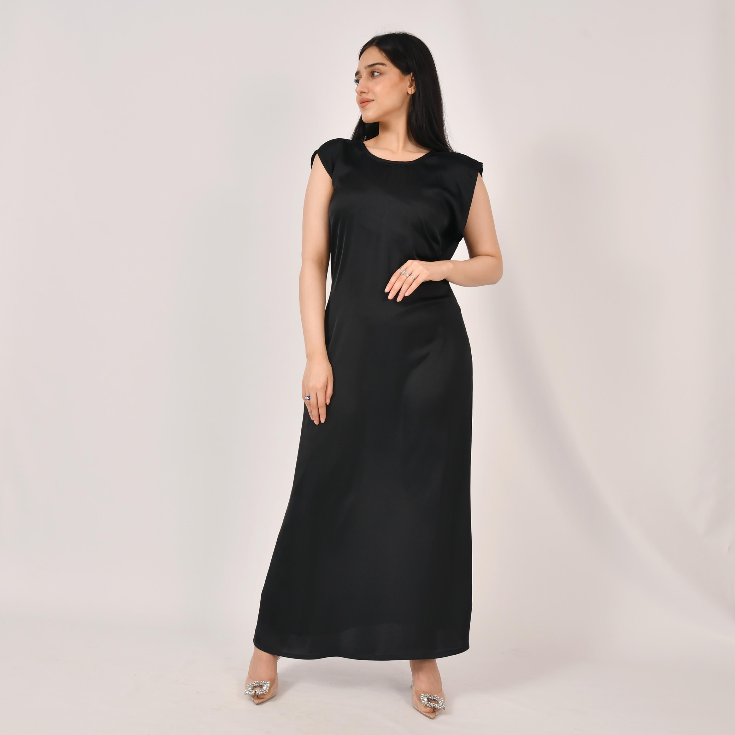 Hawraa Black Cap Sleeves Satin Abaya Inner Dress-women-arabicclothing-abayainner-image-1