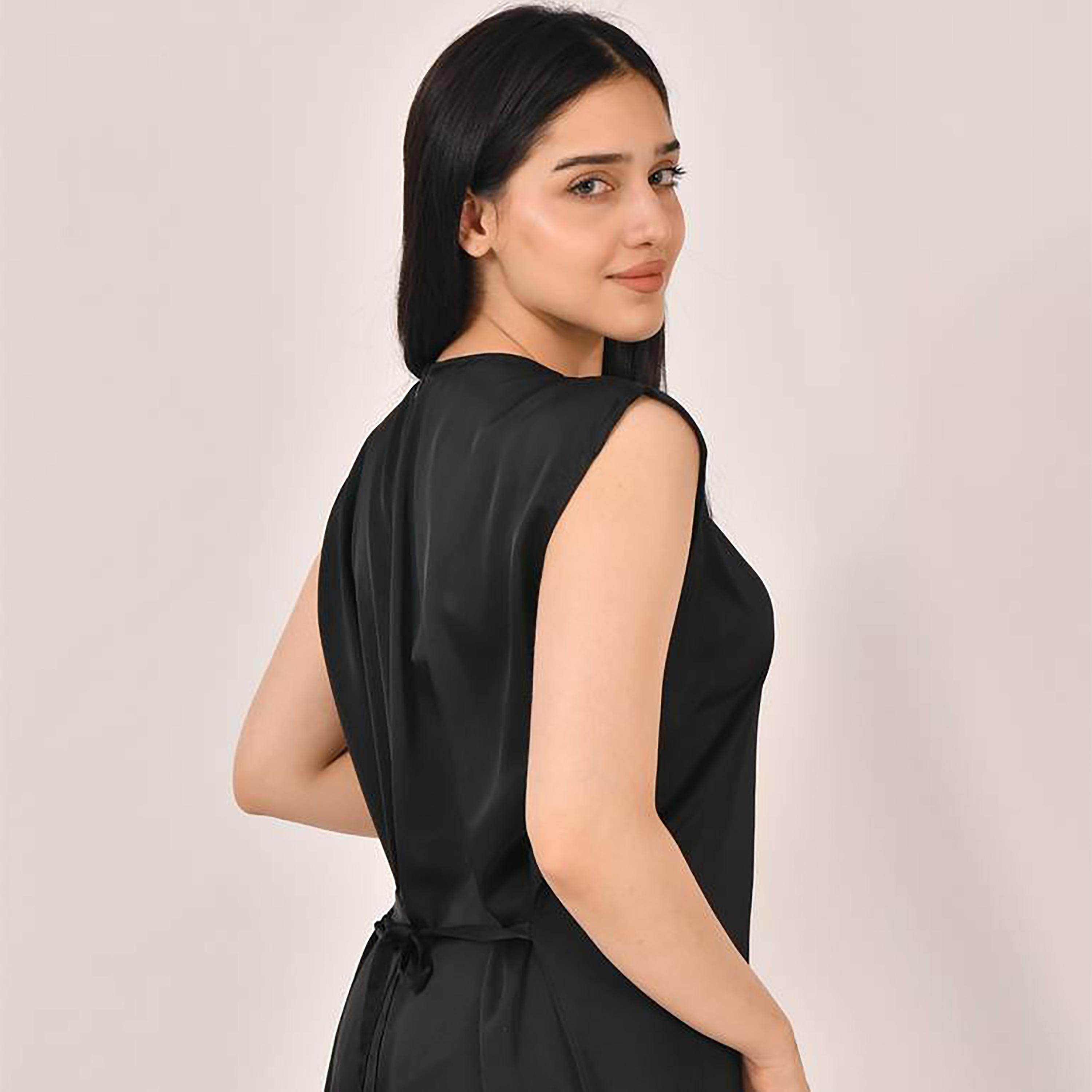 Hawraa Black Cap Sleeves Satin Abaya Inner Dress-women-arabicclothing-abayainner-image-4