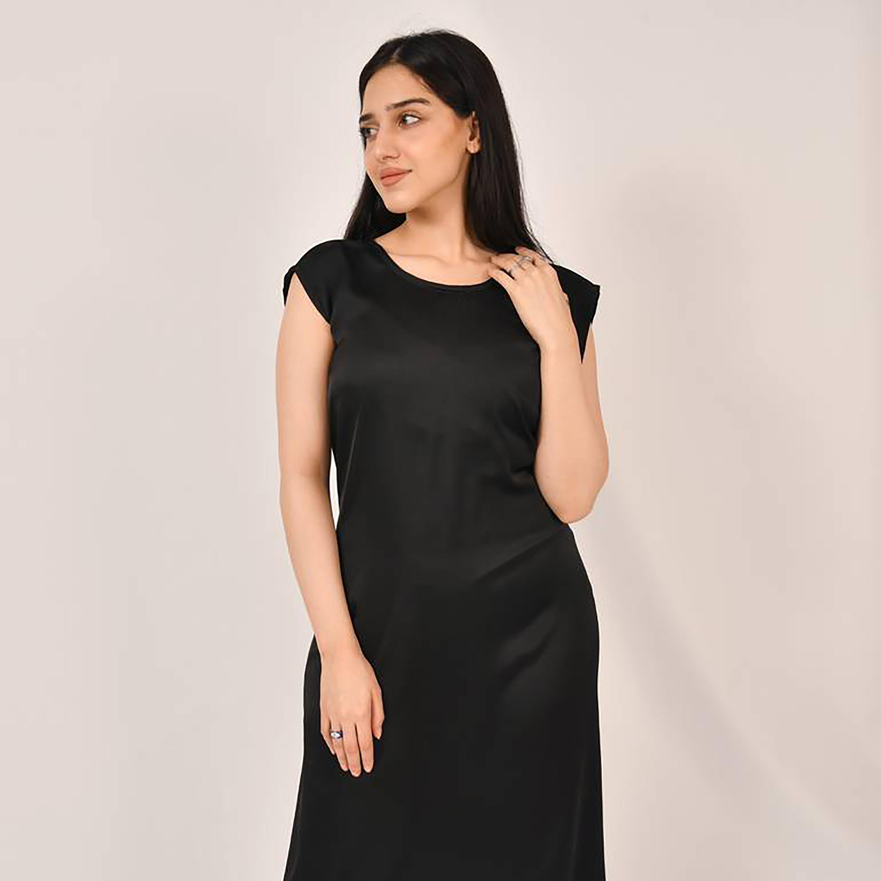 Hawraa Black Cap Sleeves Satin Abaya Inner Dress-women-arabicclothing-prayerclothing-image-2