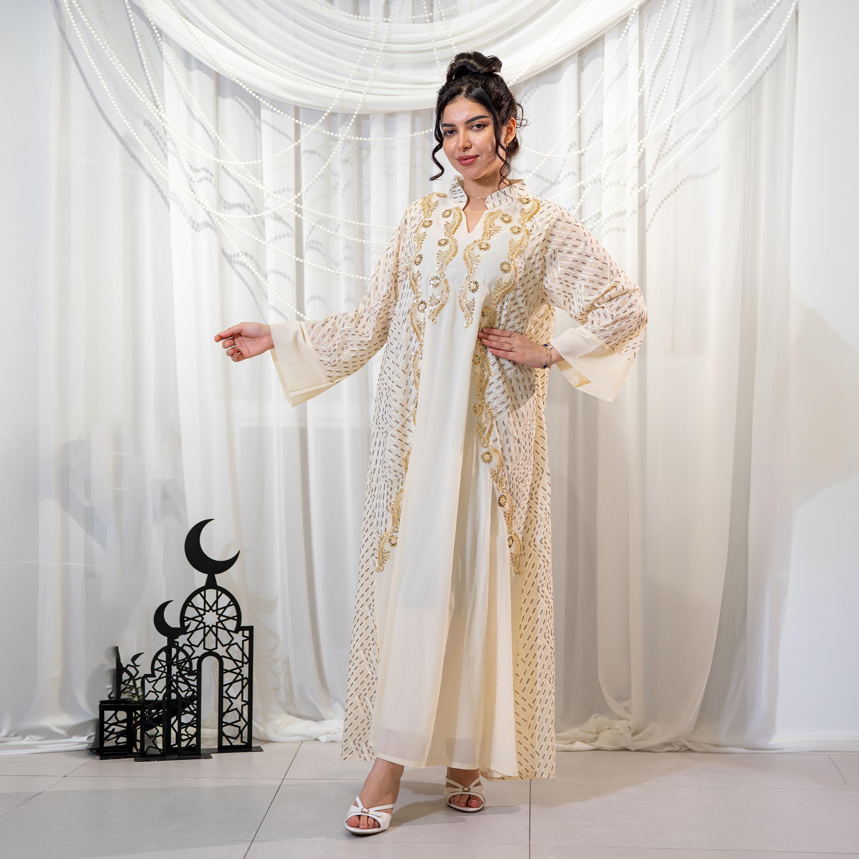 جلابية سهرة نسائية بياقة ماندارين وتطريز خرز وترتر وأكمام واسعة - أبيض من زاهية-women-arabicclothing-jalabiyas-image-1