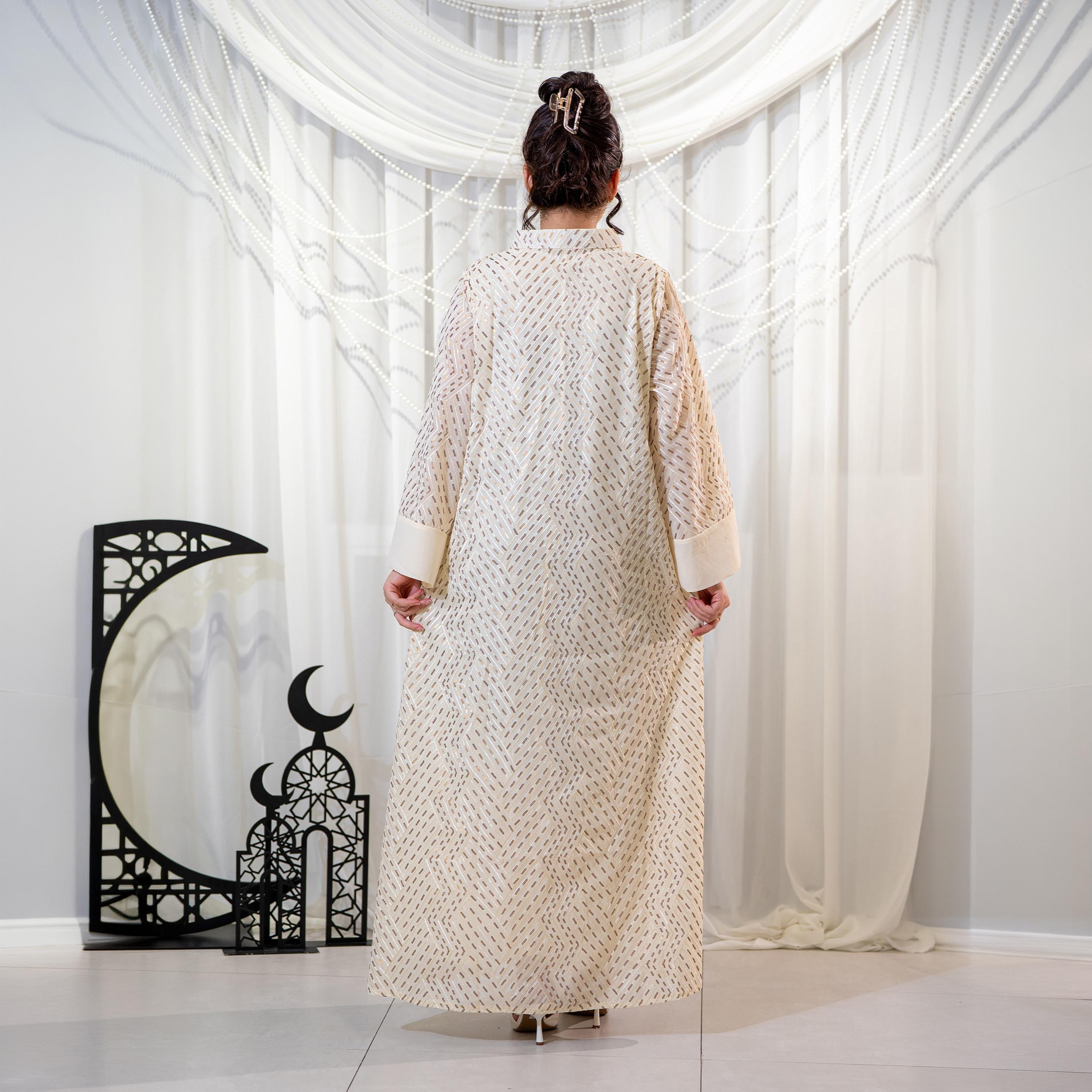 جلابية سهرة نسائية بياقة ماندارين وتطريز خرز وترتر وأكمام واسعة - أبيض من زاهية-women-arabicclothing-jalabiyas-image-5