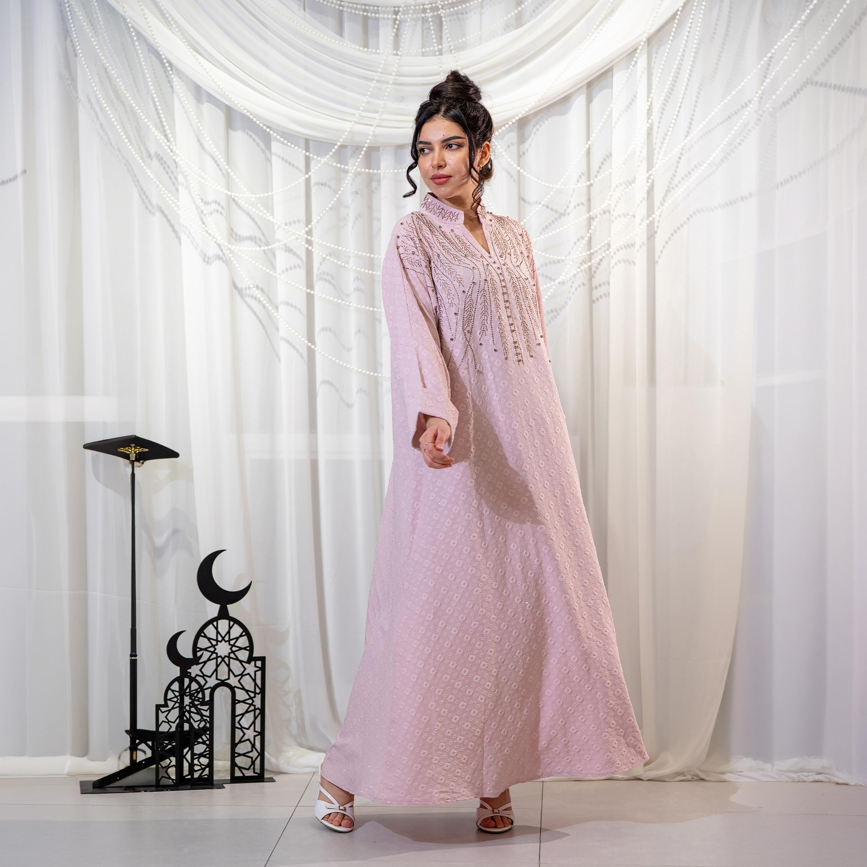 Zahiyh Pink Embroidered Mandarin Collar Women's Evening Jalabiya-women-arabicclothing-jalabiyas-image-1