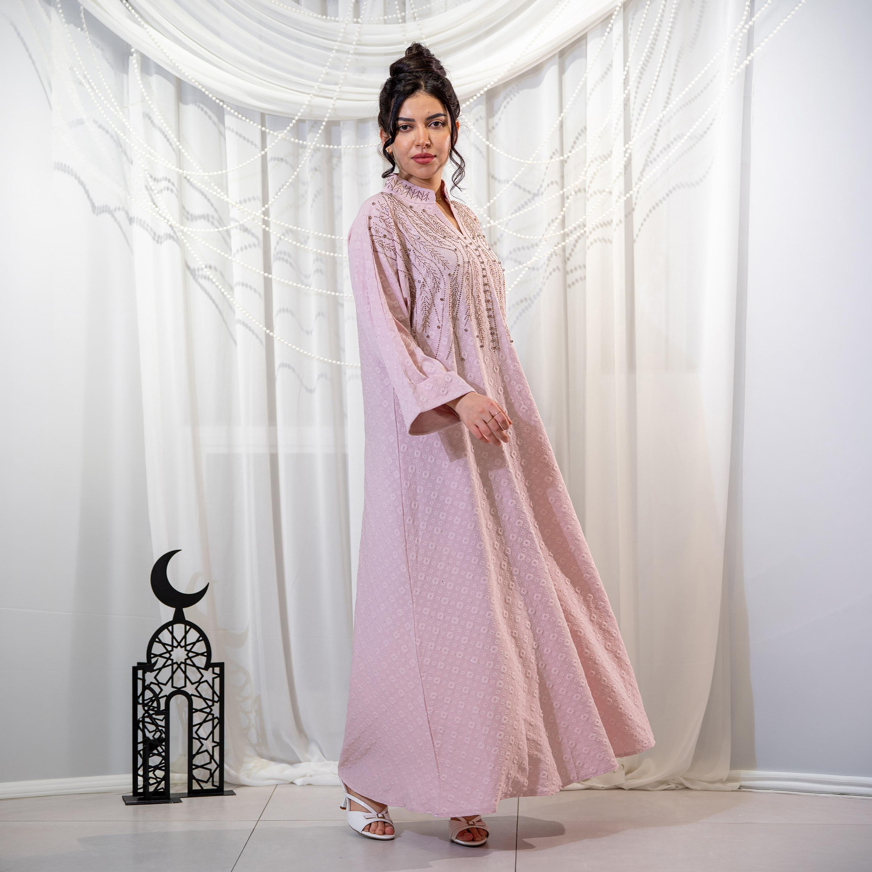 Zahiyh Pink Embroidered Mandarin Collar Women's Evening Jalabiya-women-arabicclothing-jalabiyas-image-2
