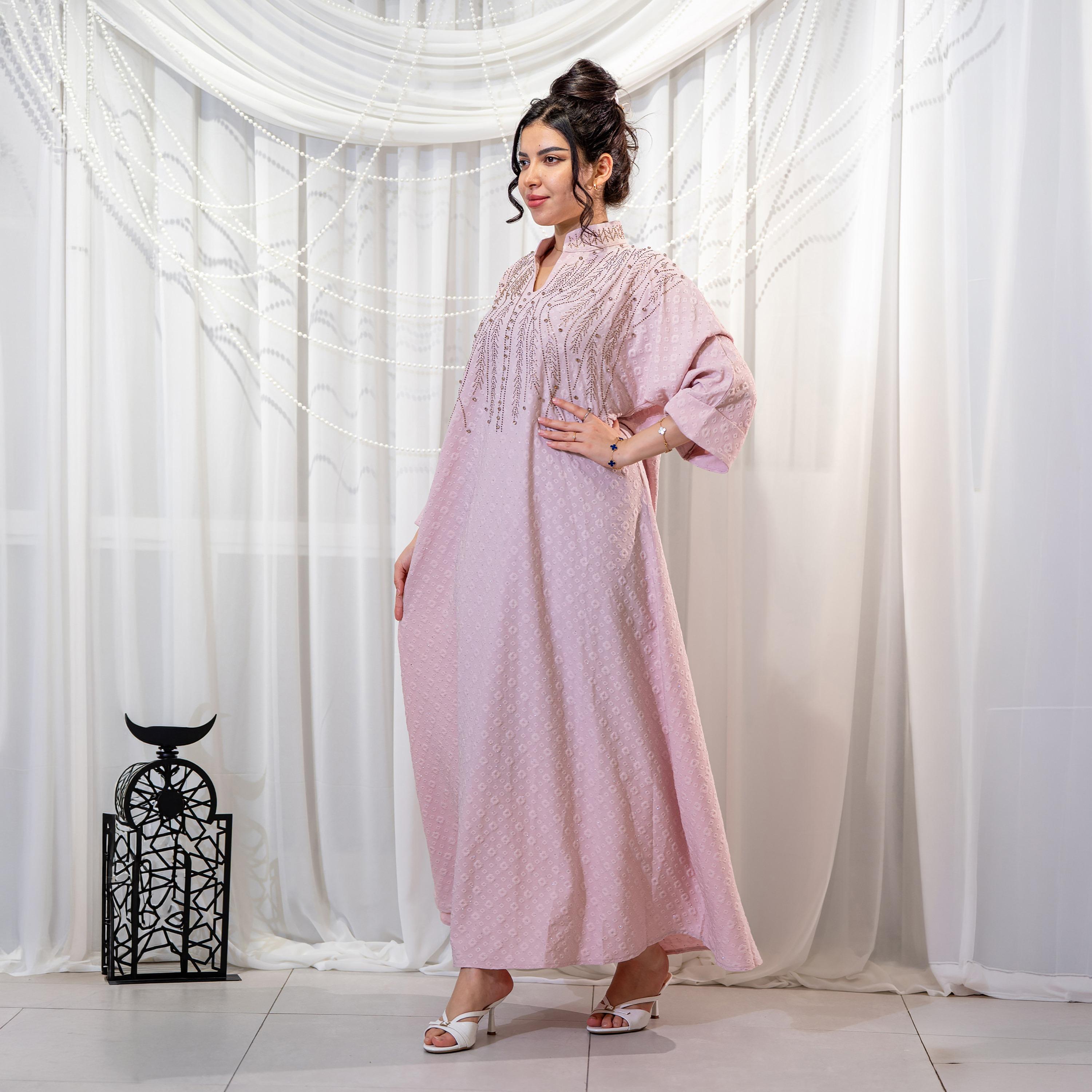 Zahiyh Pink Embroidered Mandarin Collar Women's Evening Jalabiya-women-arabicclothing-jalabiyas-image-3