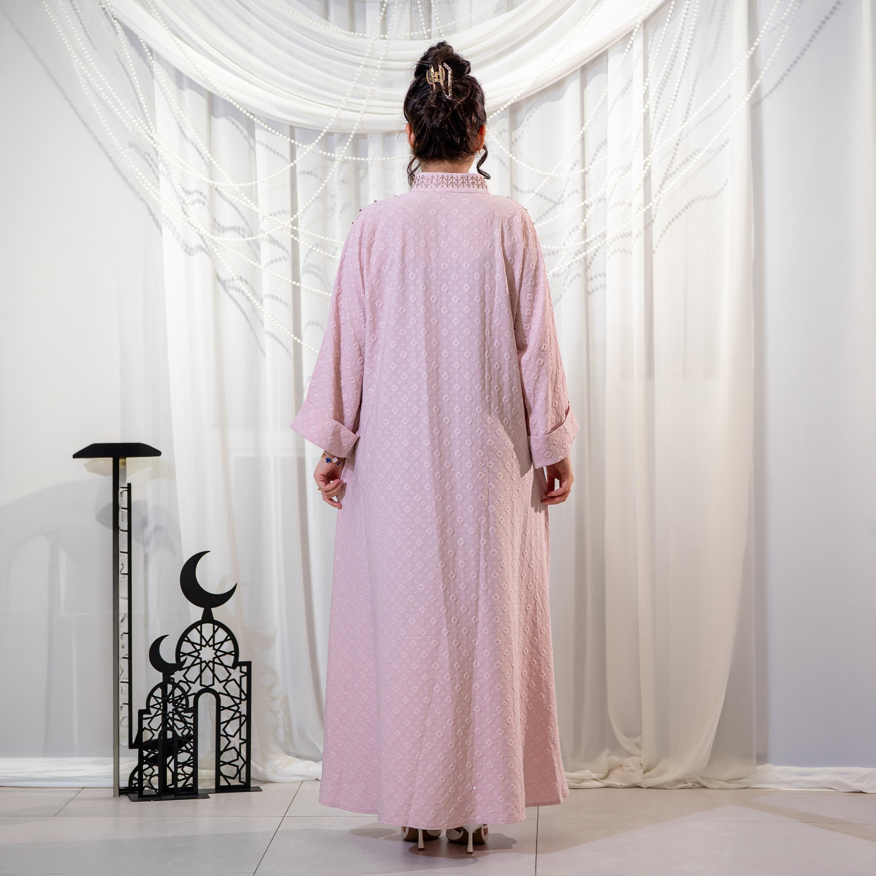 Zahiyh Pink Embroidered Mandarin Collar Women's Evening Jalabiya-women-arabicclothing-jalabiyas-image-4