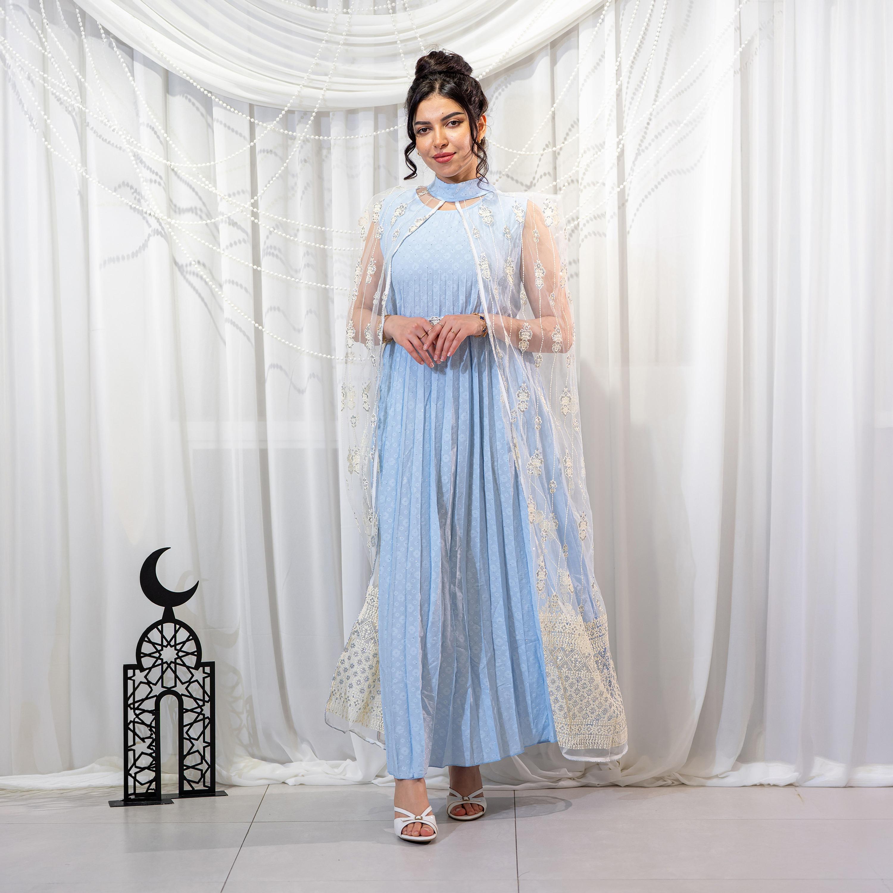 جلابية سهرة نسائية بياقة عالية وتفاصيل مكسرة ومزينة مع طبقة "كاب" إضافية من زاهية-women-arabicclothing-jalabiyas-image-1