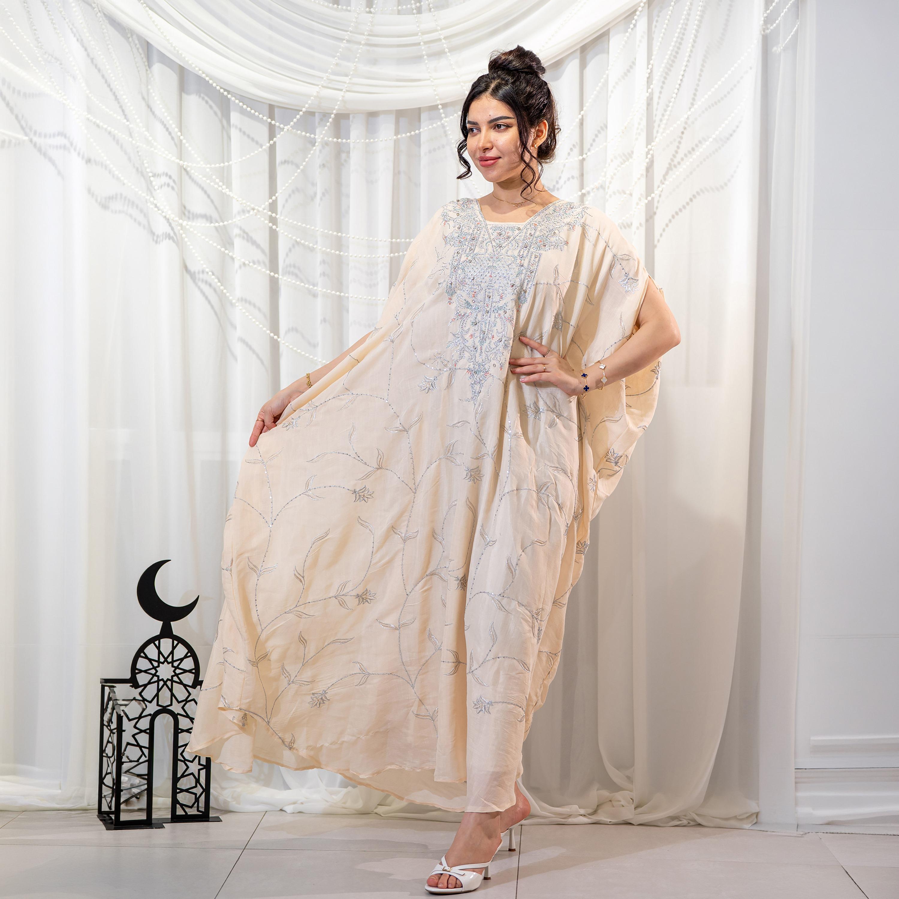 Zahiyh Beige Embroidered Square Neck Women's Evening Butterfly Jalabiya-women-arabicclothing-jalabiyas-image-1