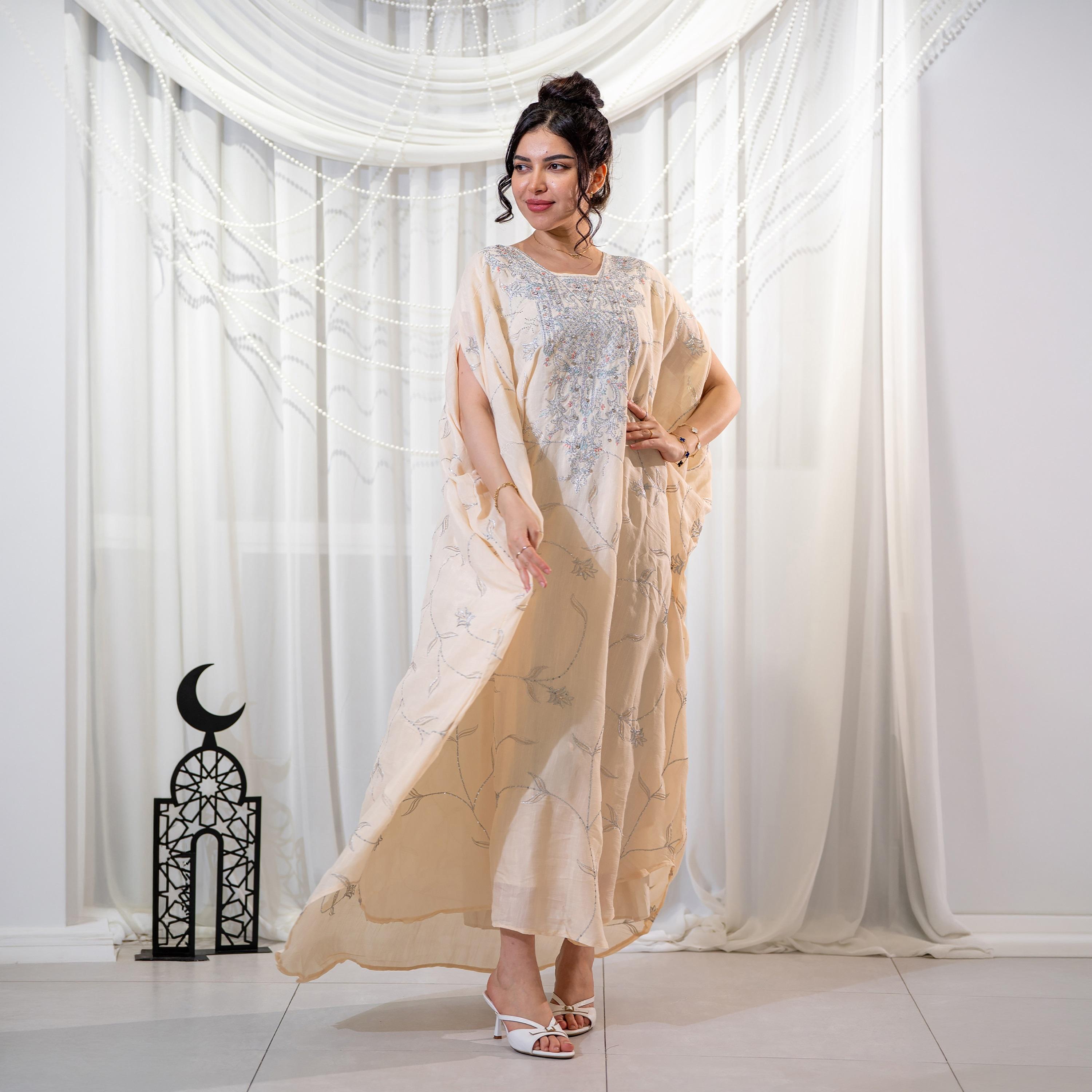 Zahiyh Beige Embroidered Square Neck Women's Evening Butterfly Jalabiya-women-arabicclothing-jalabiyas-image-2
