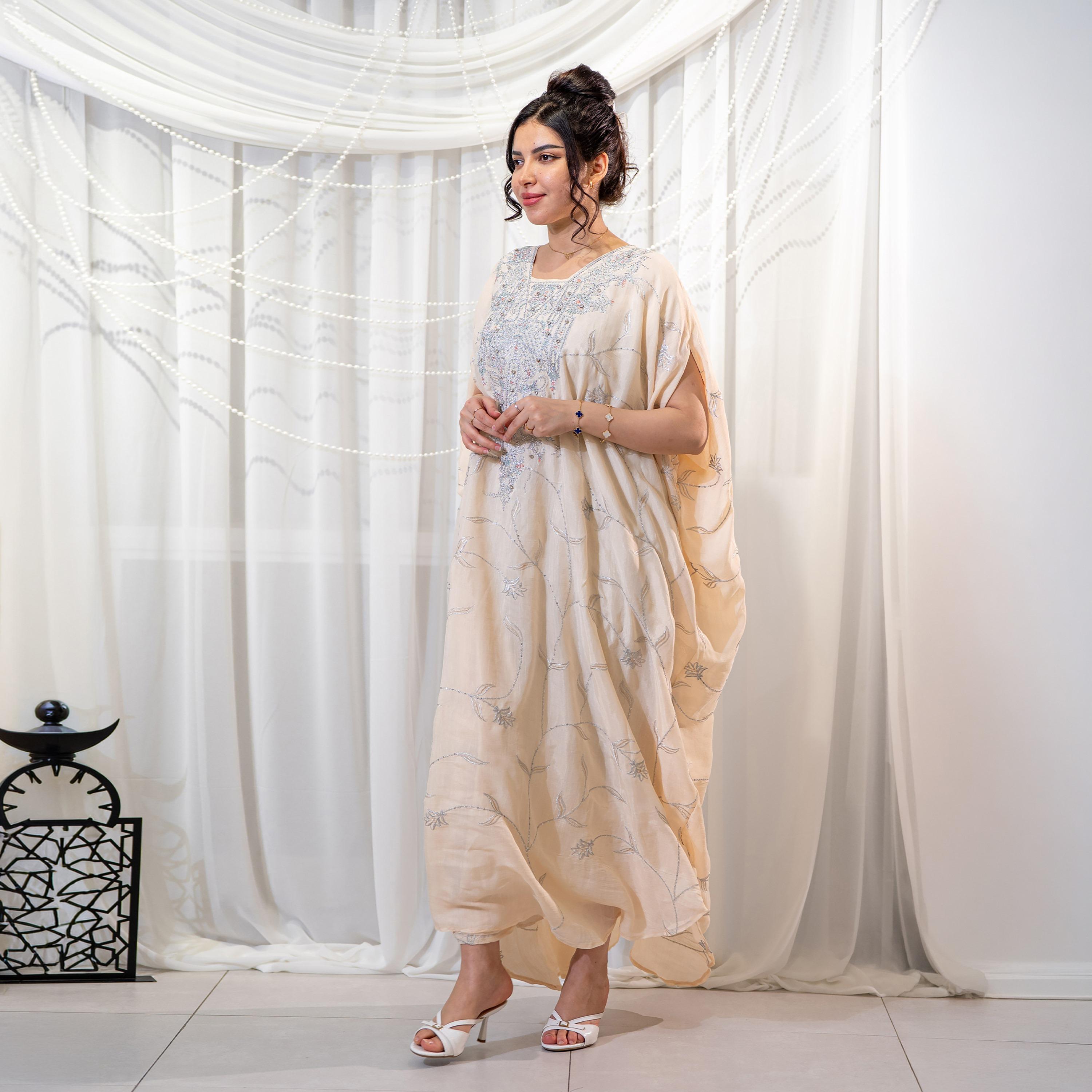 Zahiyh Beige Embroidered Square Neck Women's Evening Butterfly Jalabiya-women-arabicclothing-jalabiyas-image-3