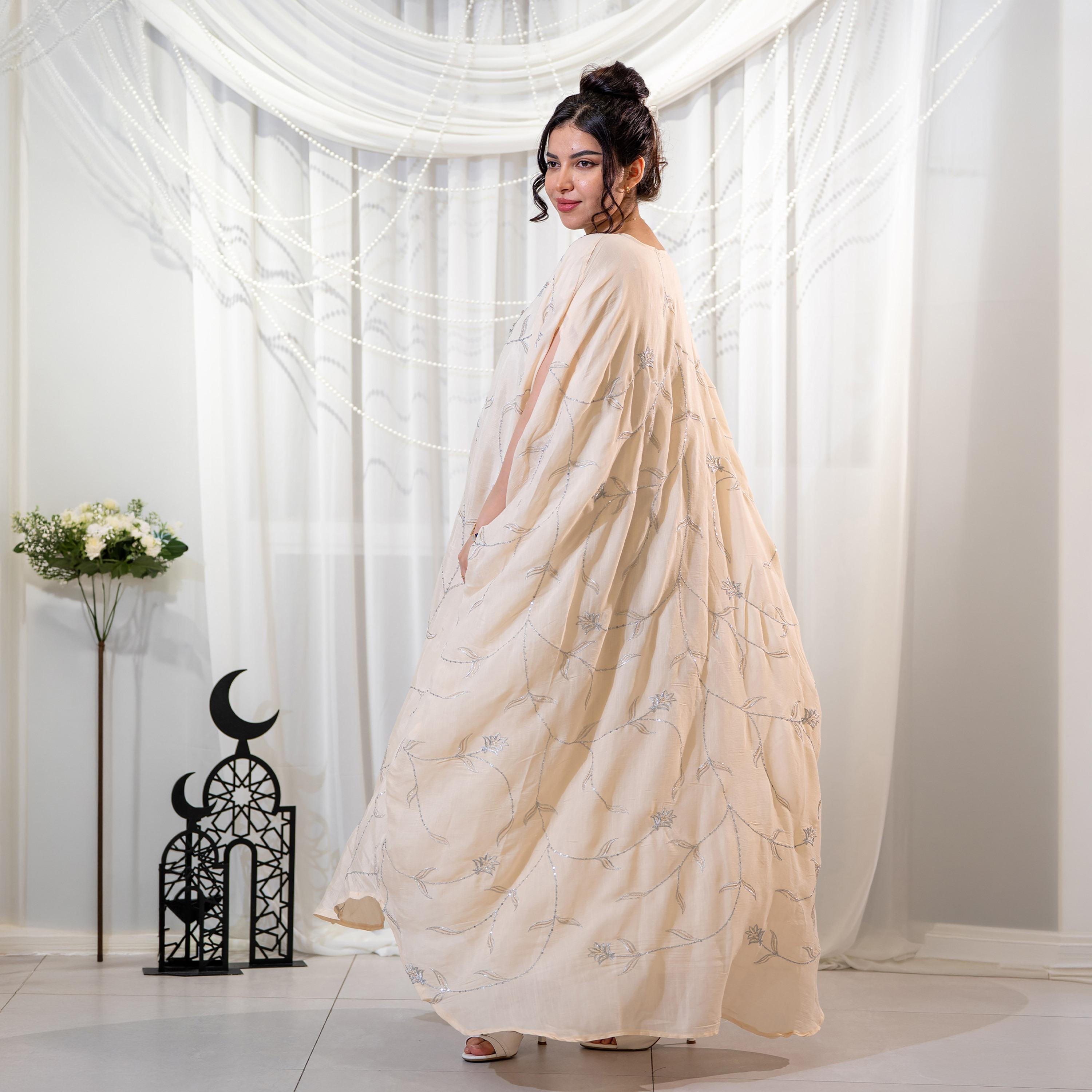 Zahiyh Beige Embroidered Square Neck Women's Evening Butterfly Jalabiya-women-arabicclothing-jalabiyas-image-4